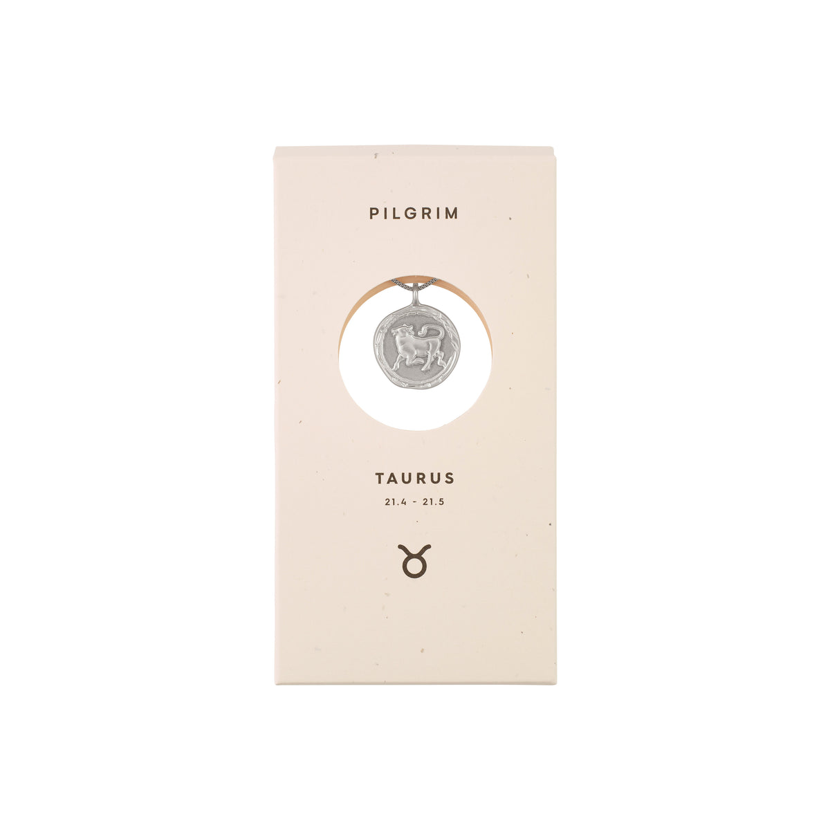 TAURUS Zodiac Sign Coin Necklace, silver-plated, featuring a double-sided pendant with a zodiac motif and crystal constellation, in a white box.