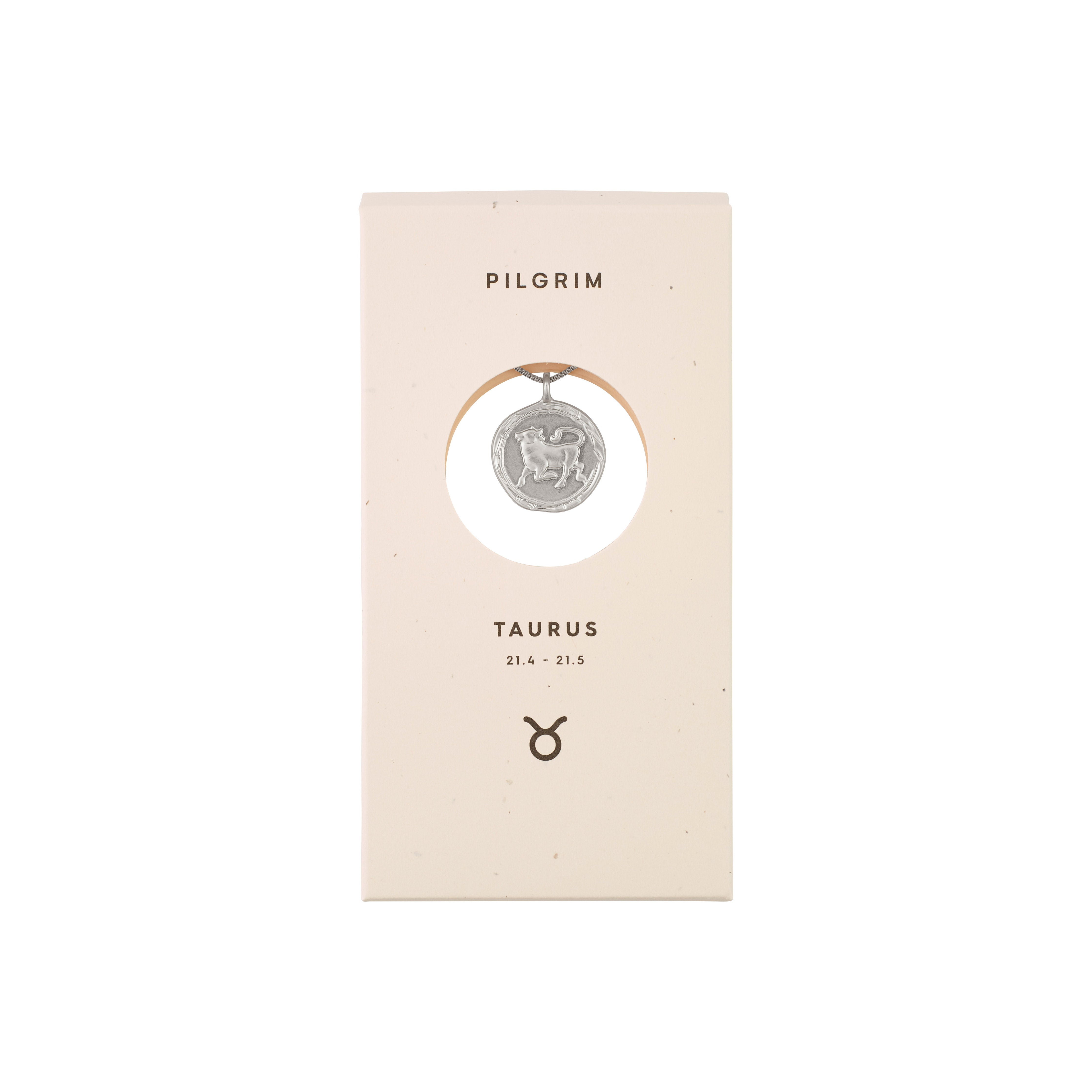 TAURUS Zodiac Sign Coin Necklace, silver-plated, featuring a double-sided pendant with a zodiac motif and crystal constellation, in a white box.