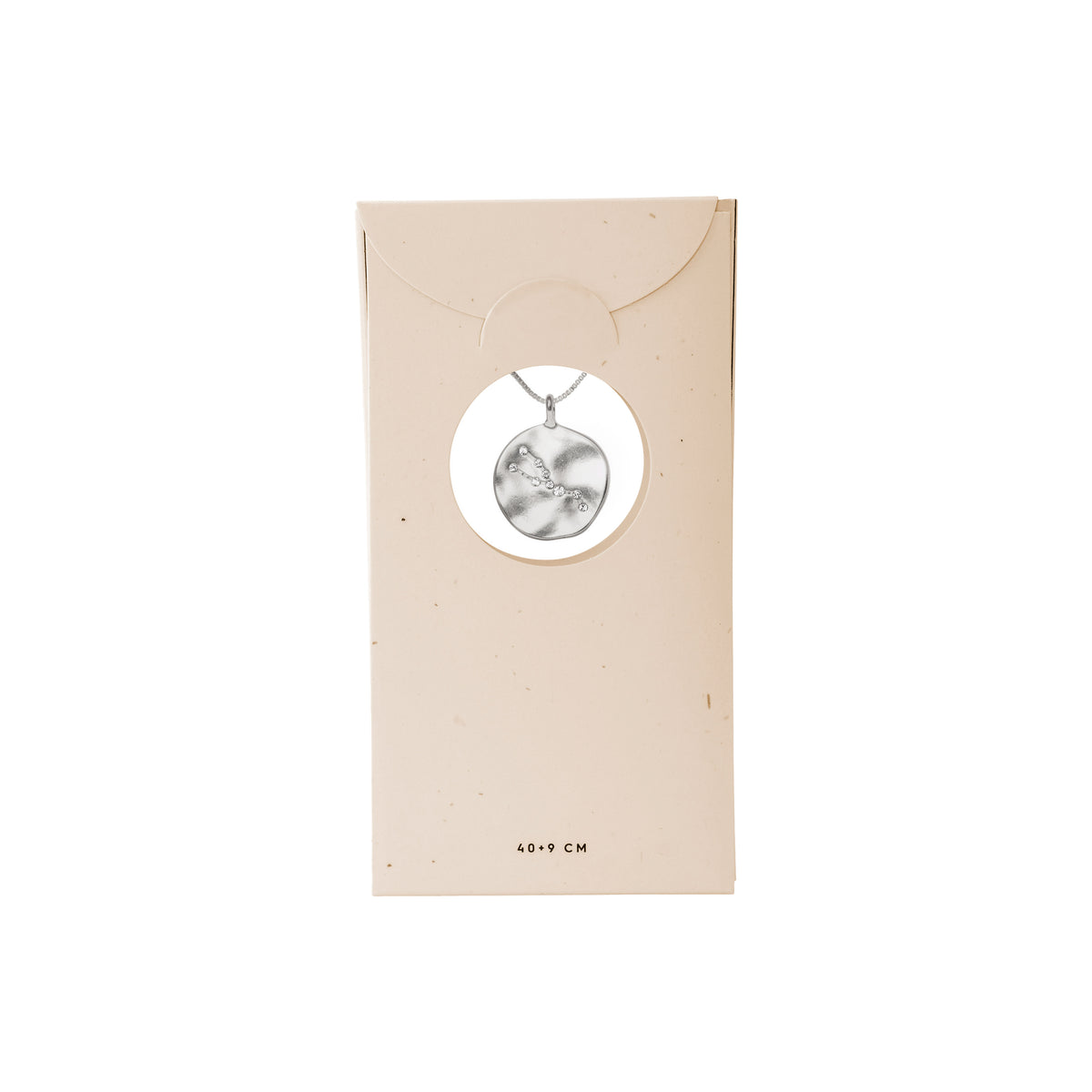 TAURUS Zodiac Sign Coin Necklace, silver-plated, featuring a double-sided pendant with zodiac motif and crystal constellation, in a box with adjustable silver chain.