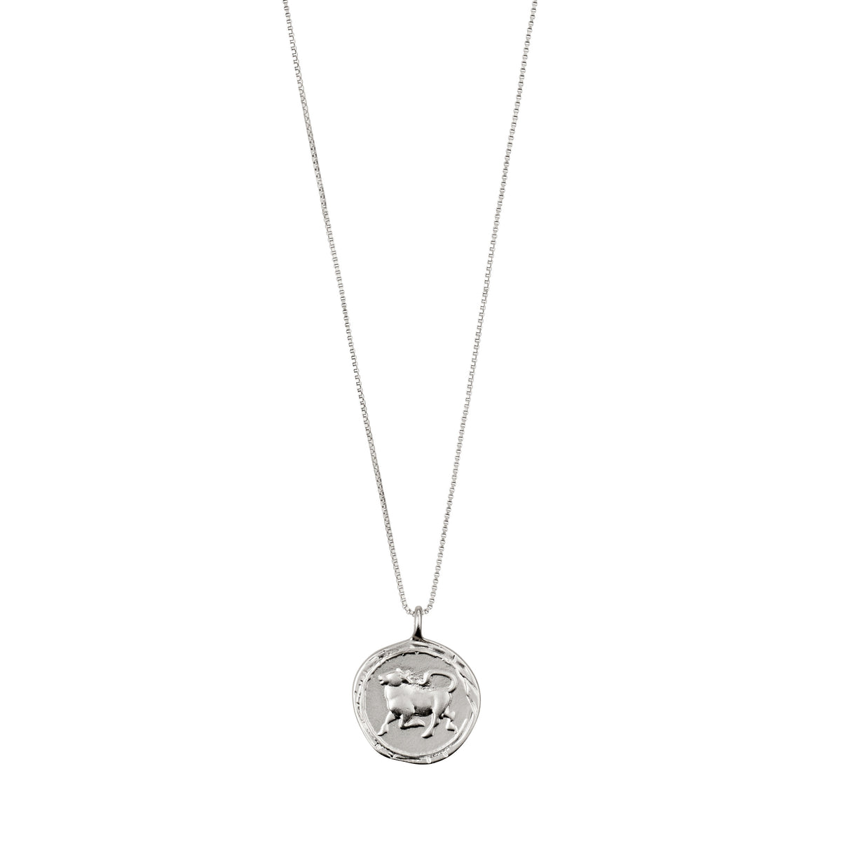 TAURUS Zodiac Sign Coin Necklace, silver-plated, features a double-sided pendant with a zodiac motif and crystal constellation on an adjustable chain.