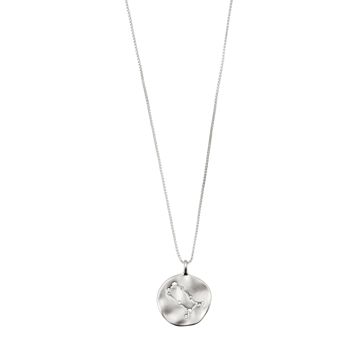 GEMINI Zodiac Sign Coin Necklace, silver-plated, featuring a round pendant with zodiac motif and star constellation in crystals, on an adjustable chain.