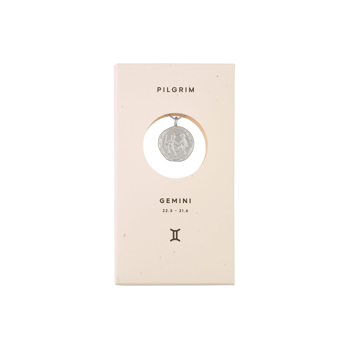 GEMINI Zodiac Sign Coin Necklace, silver-plated, featuring a double-sided medallion with zodiac motifs and constellation crystals, presented in a white box.