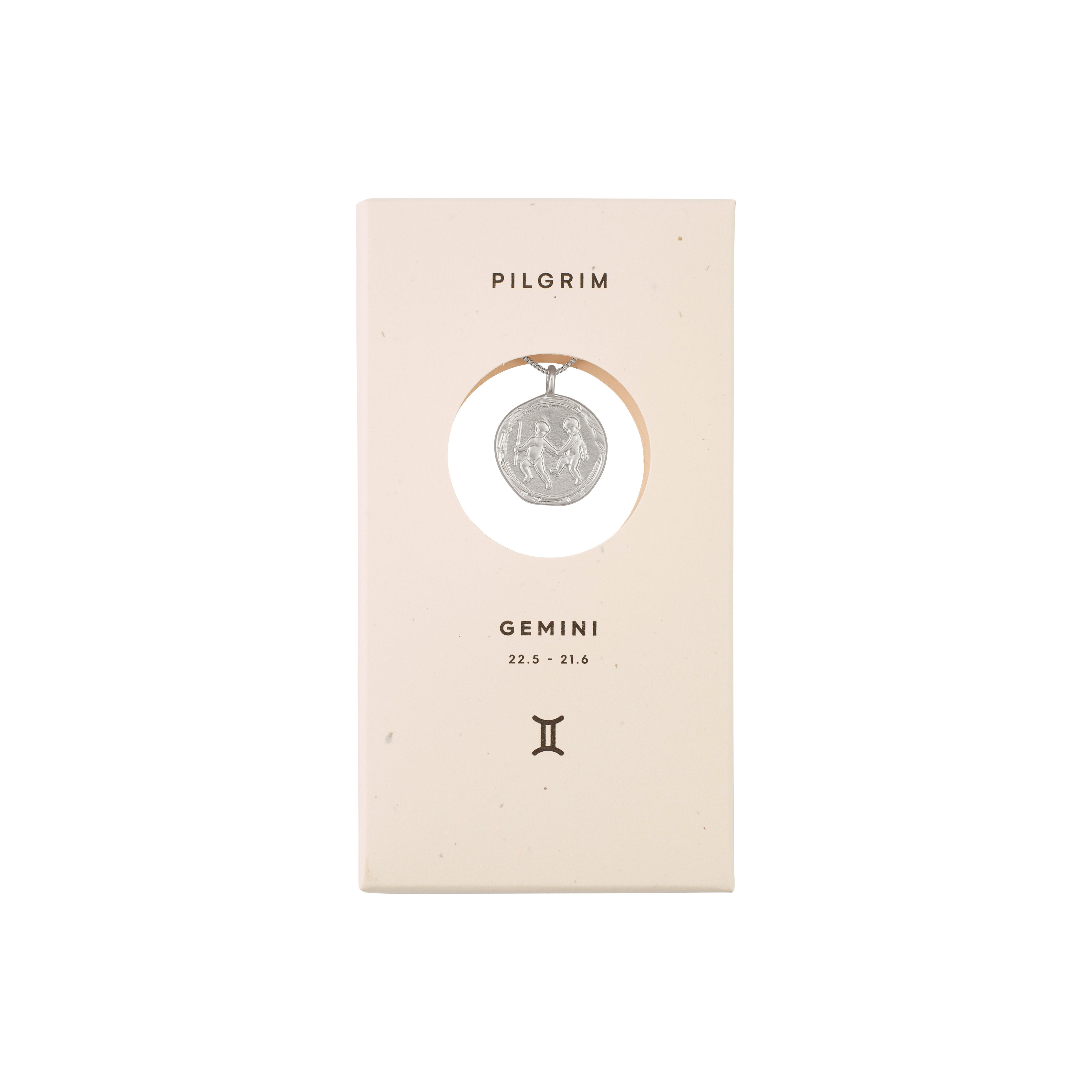 GEMINI Zodiac Sign Coin Necklace, silver-plated, featuring a double-sided medallion with zodiac motifs and constellation crystals, presented in a white box.