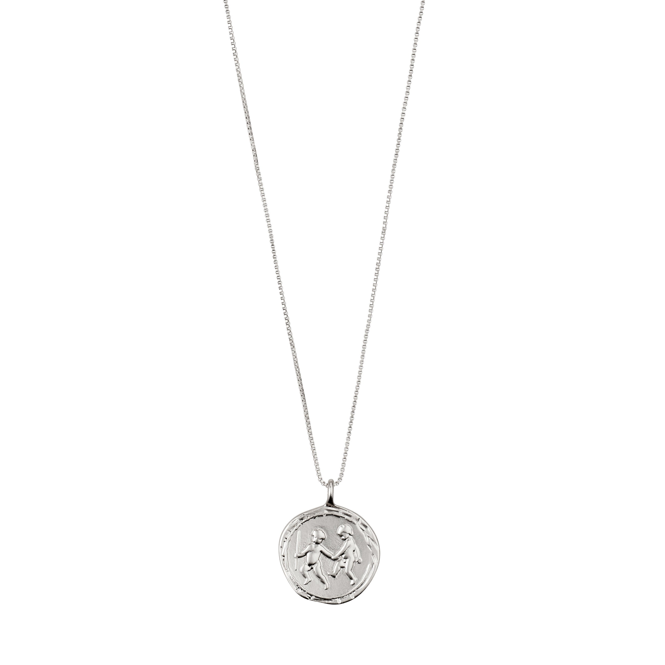 GEMINI Zodiac Sign Coin Necklace, silver-plated: A delicate necklace with a double-sided pendant featuring a zodiac motif and constellation stars, adjustable chain included. Ideal for personal significance.