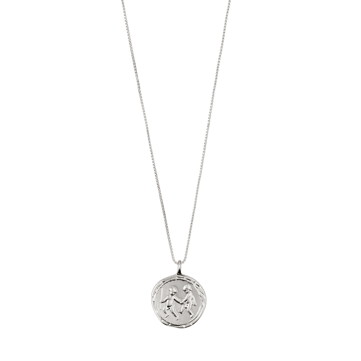 GEMINI Zodiac Sign Coin Necklace, silver-plated: A delicate necklace with a double-sided pendant featuring a zodiac motif and constellation stars, adjustable chain included. Ideal for personal significance.
