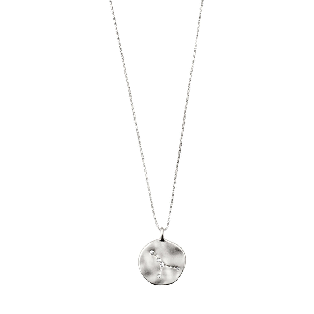 CANCER Zodiac Sign Coin Necklace, silver-plated, with a double-sided pendant featuring a zodiac motif and constellation in crystals, on an adjustable chain.