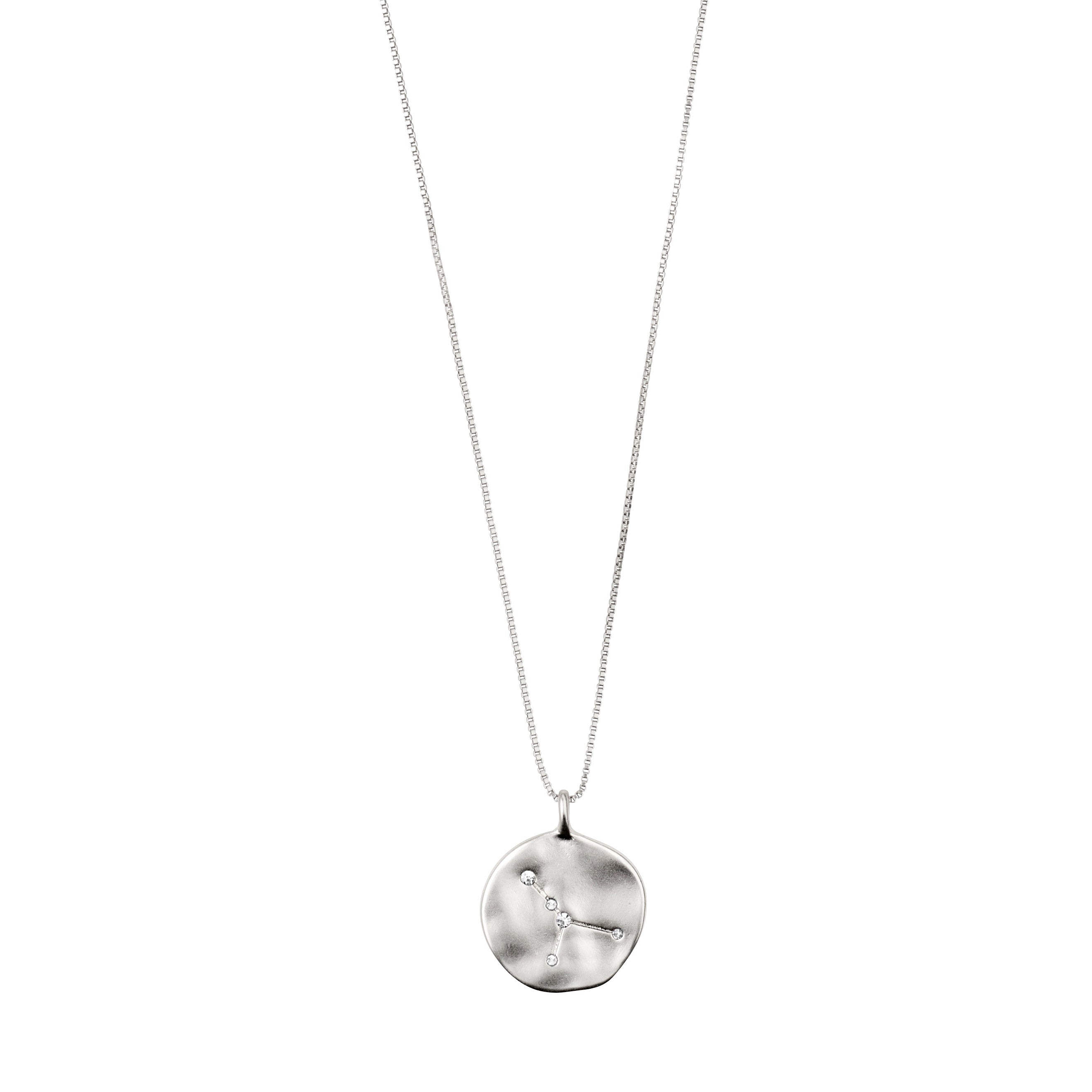 CANCER Zodiac Sign Coin Necklace, silver-plated, with a double-sided pendant featuring a zodiac motif and constellation in crystals, on an adjustable chain.