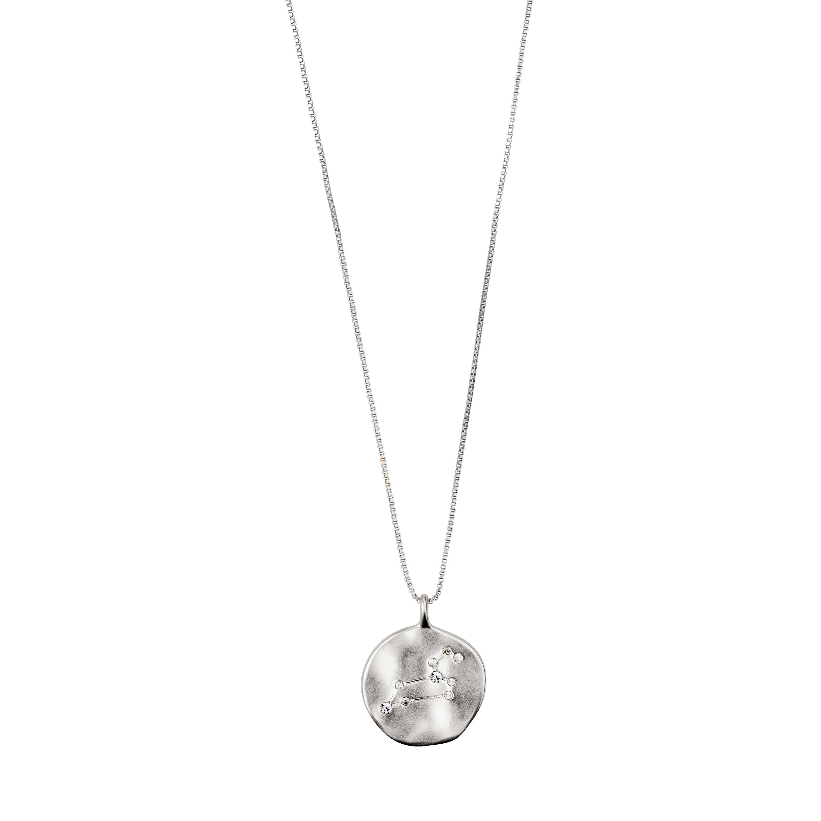 LEO Zodiac Sign Coin Necklace, silver-plated, featuring a double-sided pendant with a Leo motif and crystal constellation, adjustable chain included.