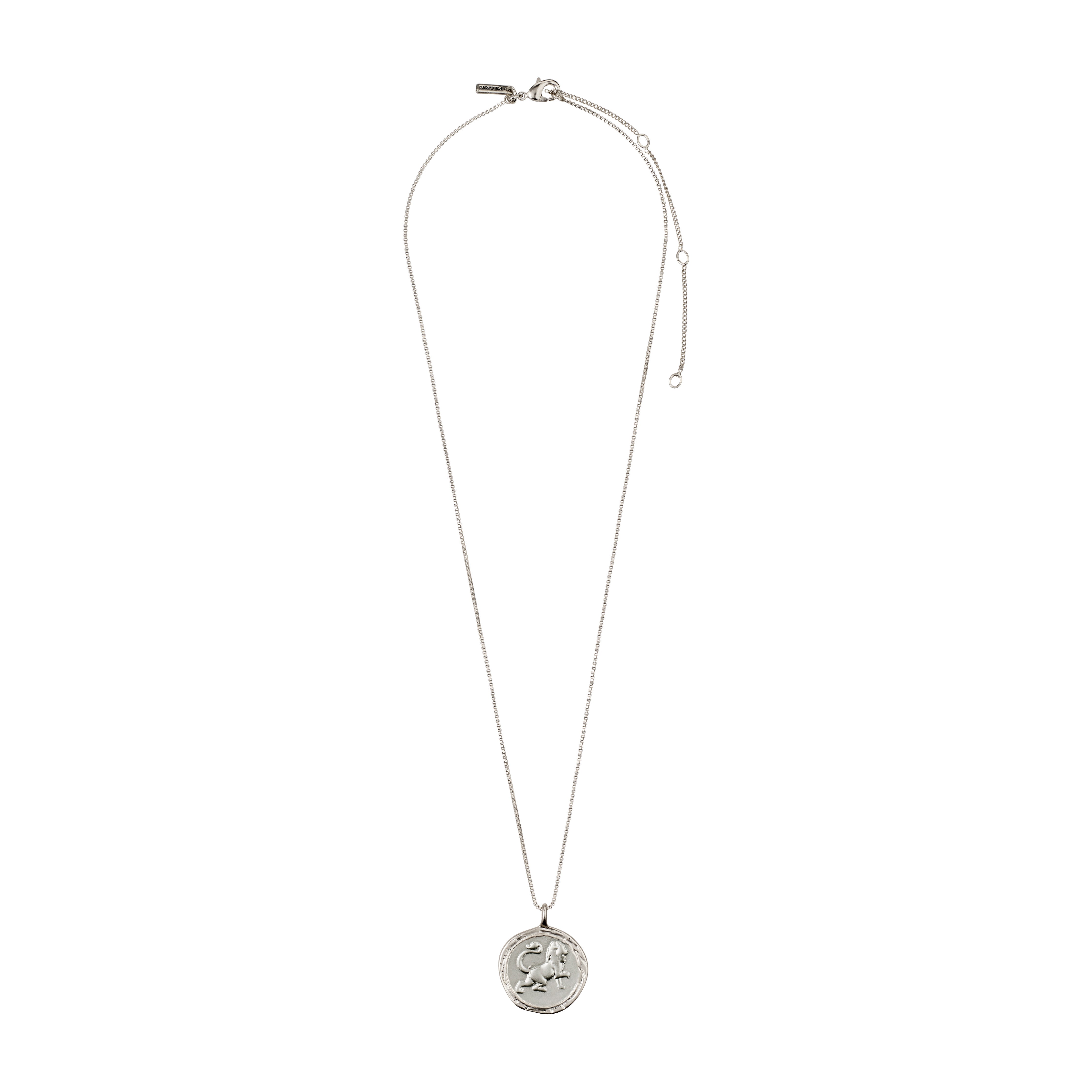 LEO Zodiac Sign Coin Necklace, silver-plated, featuring a double-sided pendant with a lion motif and crystal constellation, on an adjustable 40 cm chain.