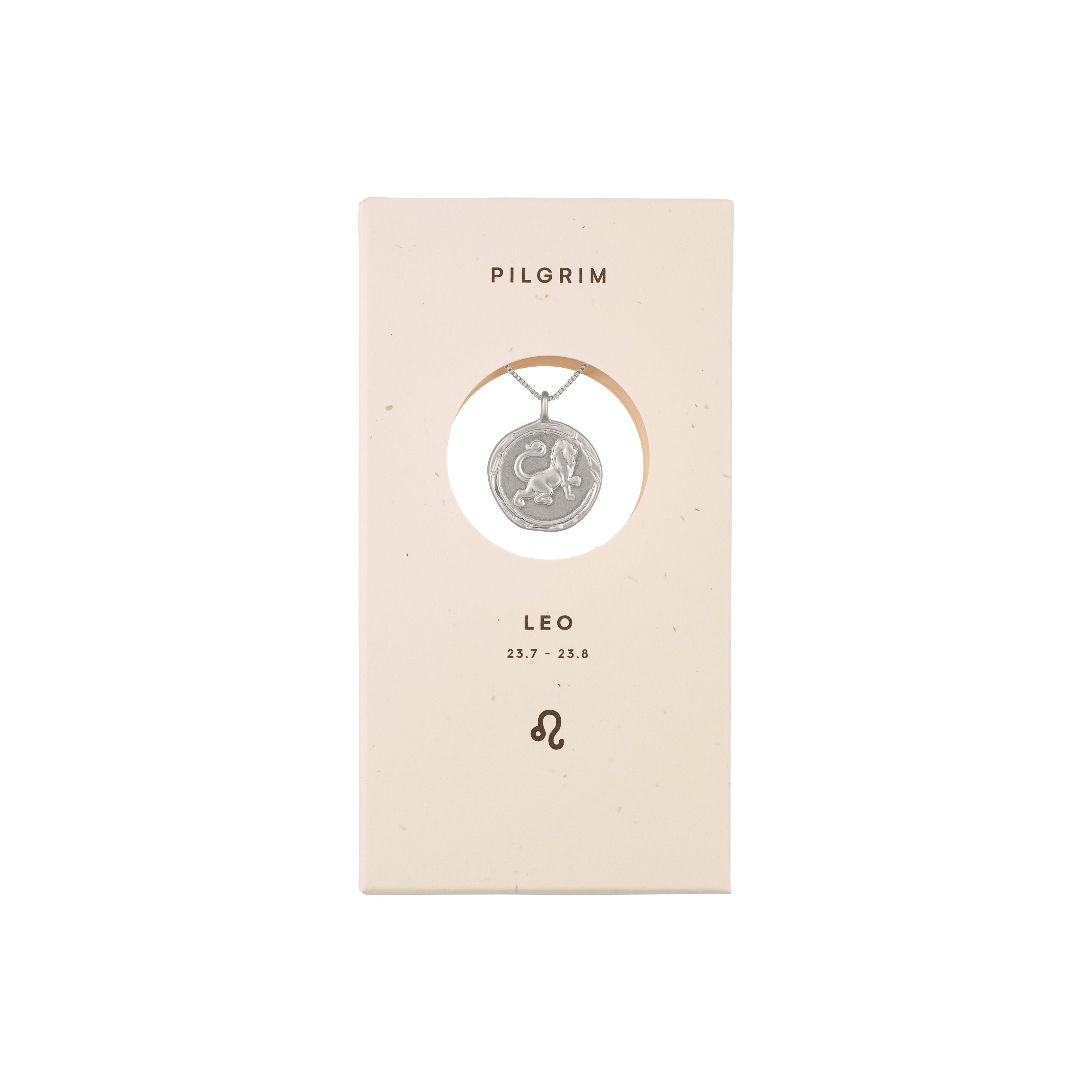 LEO Zodiac Sign Coin Necklace, silver-plated, featuring a double-sided medallion with a lion motif and star constellation, in a display box.