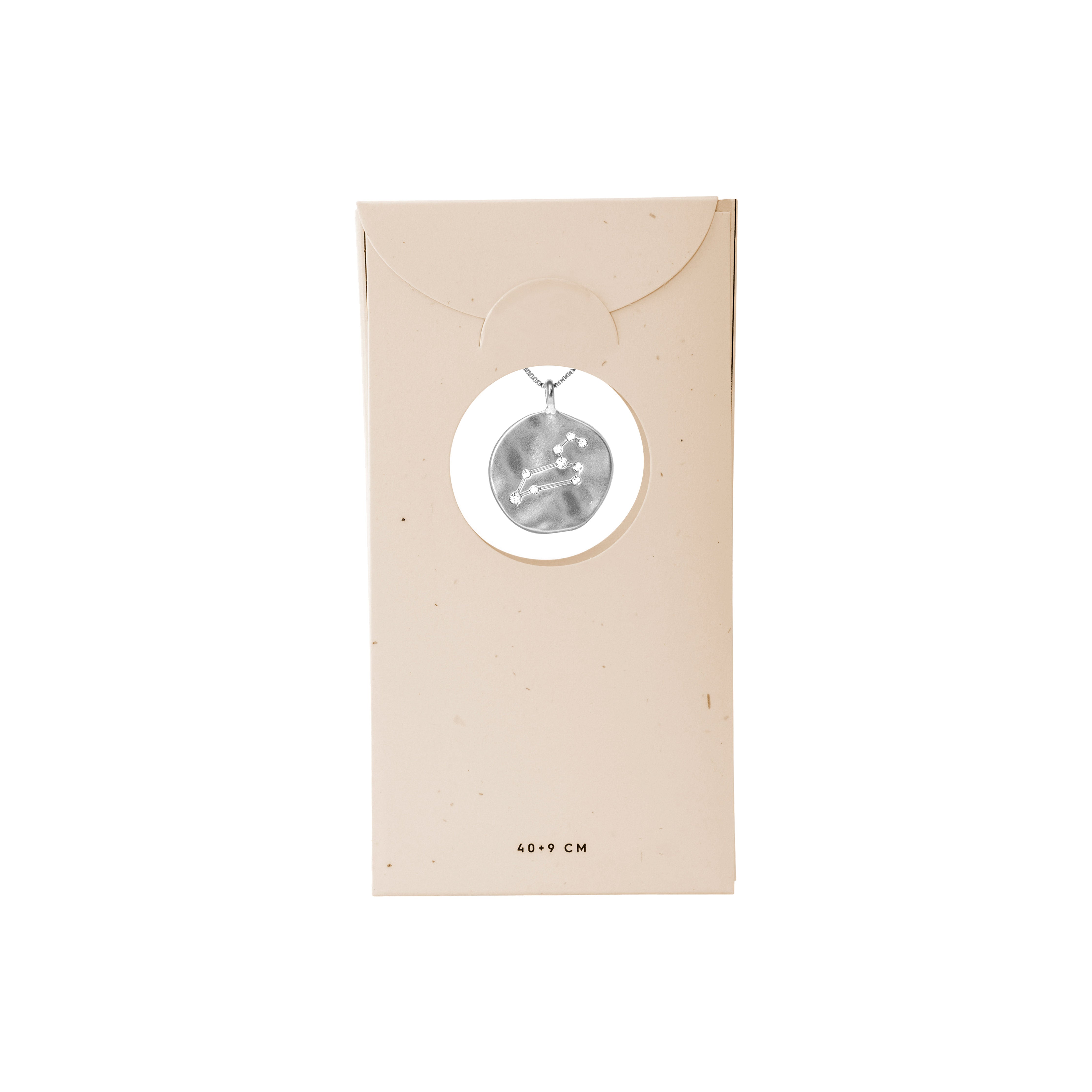 LEO Zodiac Sign Coin Necklace, silver-plated with a double-sided medallion featuring a zodiac motif and sparkling constellation crystals, in a box. Chain is adjustable.