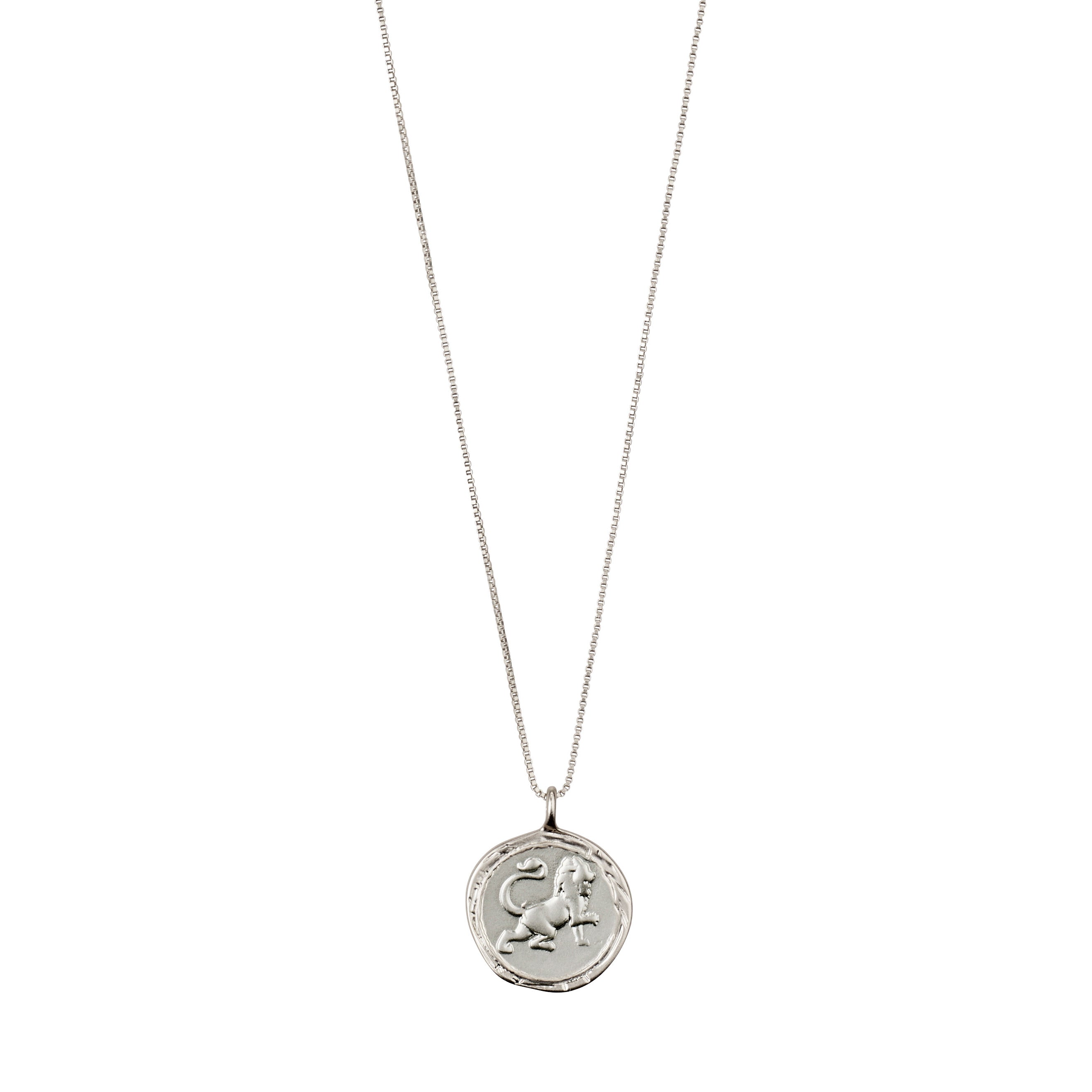 LEO Zodiac Sign Coin Necklace, silver-plated, featuring a lion motif and star constellation on a double-sided pendant, adjustable chain included. Ideal for astrology enthusiasts.