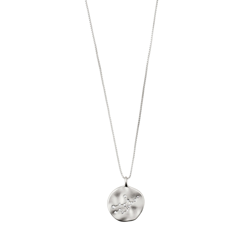 VIRGO Zodiac Sign Coin Necklace, silver-plated, featuring a double-sided pendant with a Virgo motif and crystal-studded constellation. Adjustable chain for personalized style.