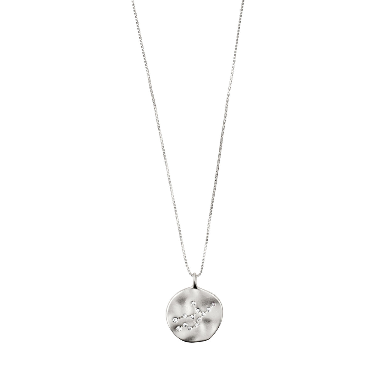VIRGO Zodiac Sign Coin Necklace, silver-plated, featuring a double-sided pendant with a Virgo motif and crystal-studded constellation. Adjustable chain for personalized style.