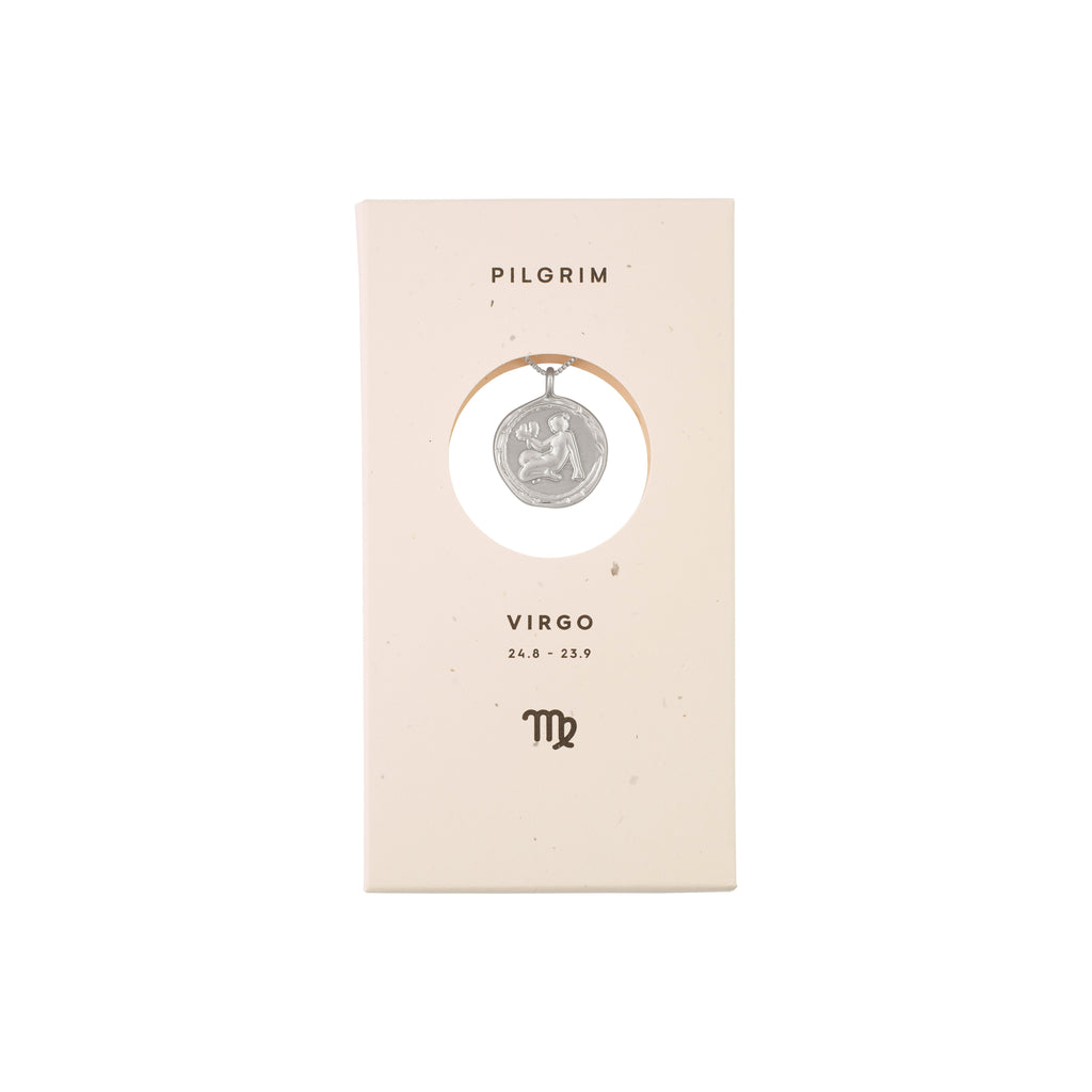 VIRGO Zodiac Sign Coin Necklace, silver-plated, featuring a double-sided medallion with a zodiac motif and constellation, presented in a white box.