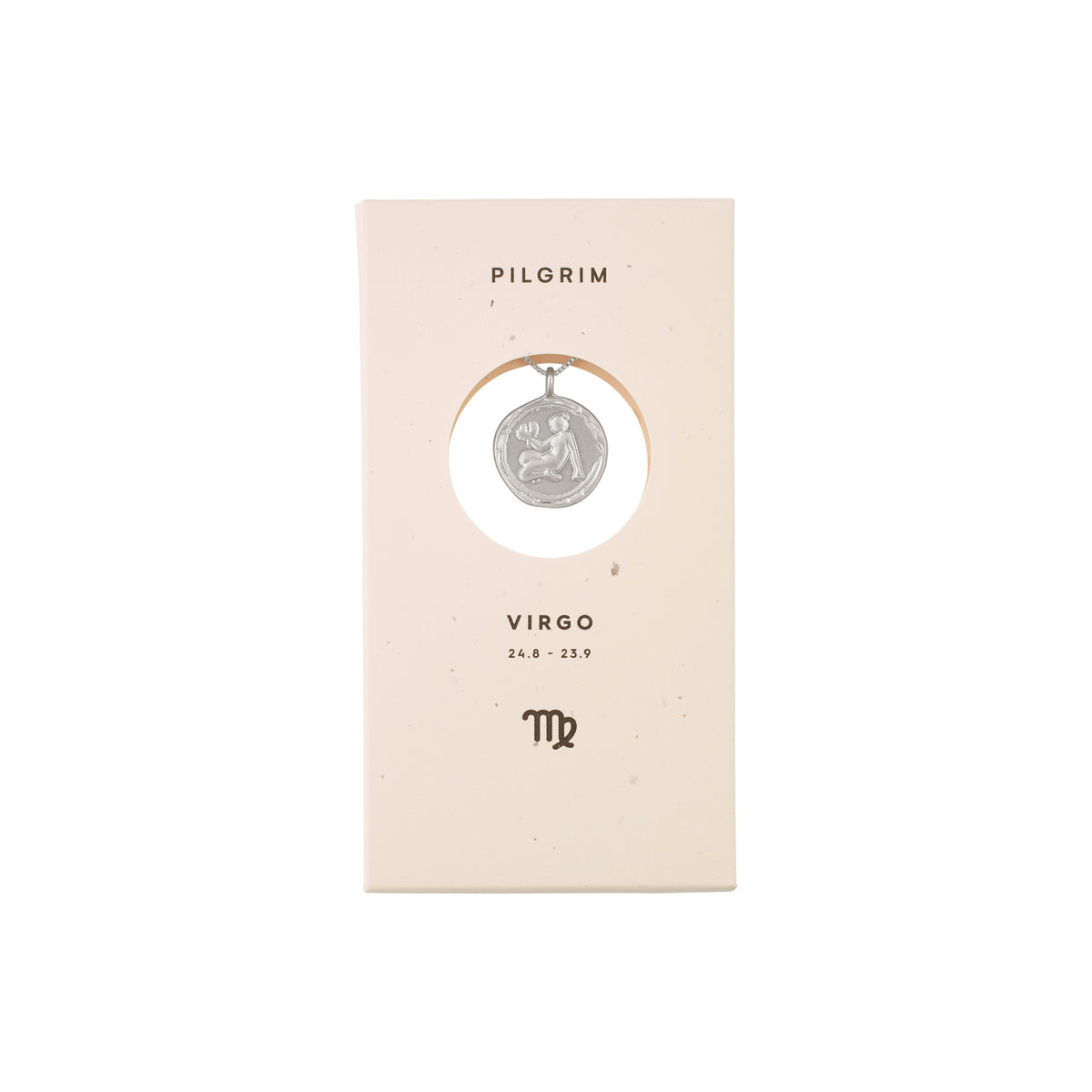 VIRGO Zodiac Sign Coin Necklace, silver-plated, featuring a double-sided medallion with a zodiac motif and constellation, presented in a white box.
