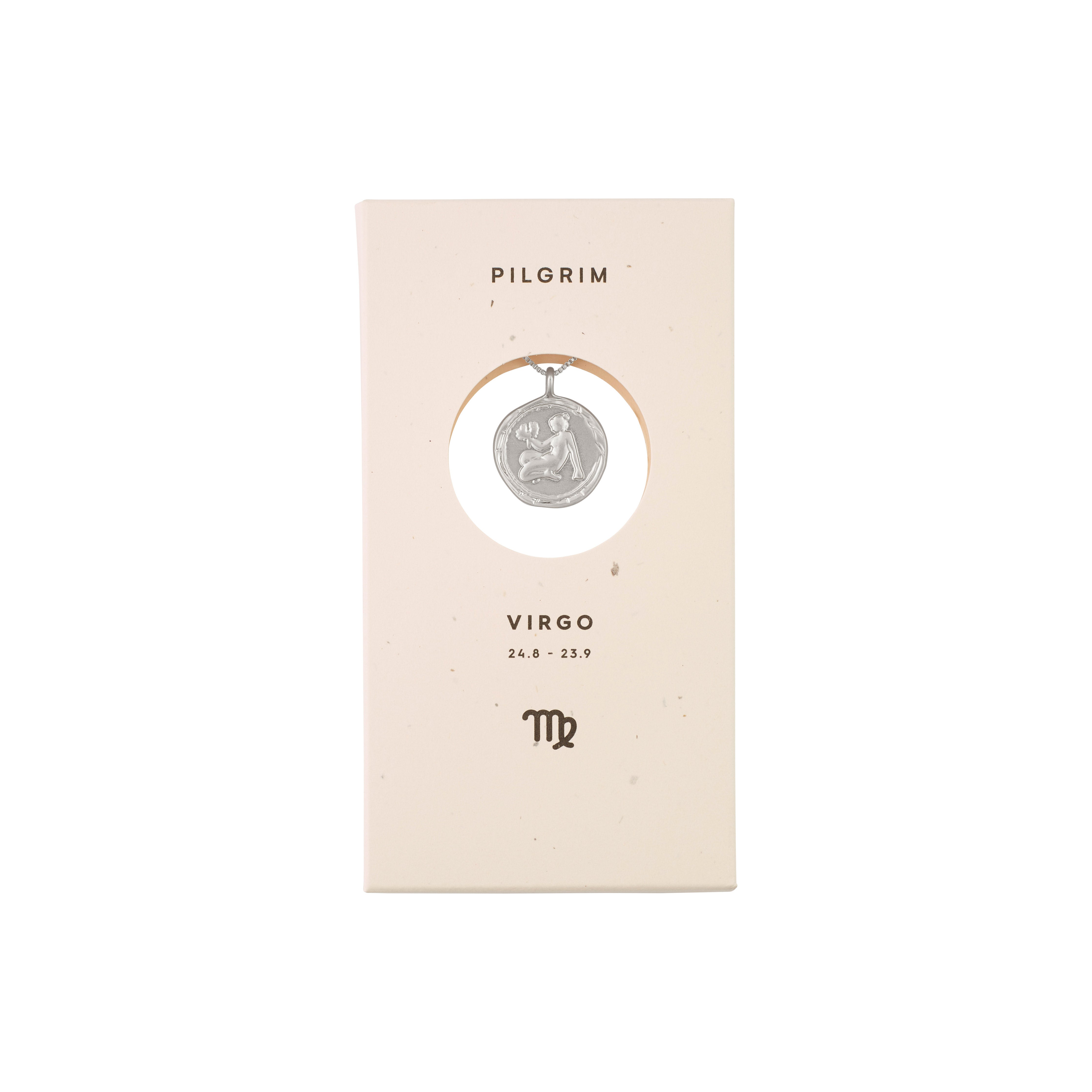 VIRGO Zodiac Sign Coin Necklace, silver-plated, featuring a double-sided medallion with a zodiac motif and constellation, presented in a white box.
