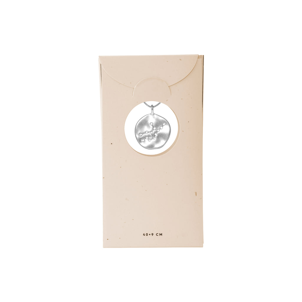 VIRGO Zodiac Sign Coin Necklace, silver-plated, featuring a constellation pendant with sparkling crystals, presented in a box. Perfect for Virgo astrology enthusiasts.