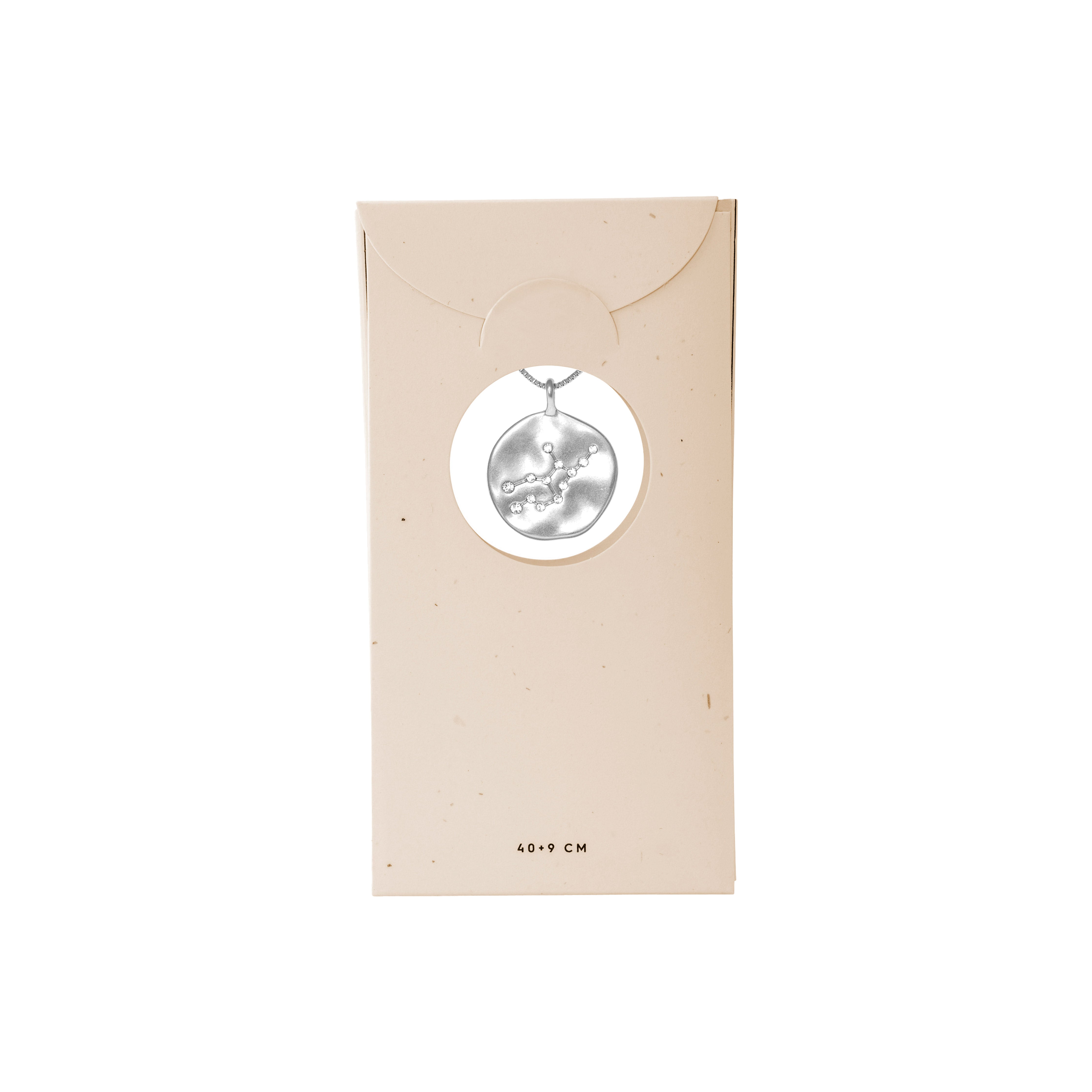 VIRGO Zodiac Sign Coin Necklace, silver-plated, featuring a constellation pendant with sparkling crystals, presented in a box. Perfect for Virgo astrology enthusiasts.