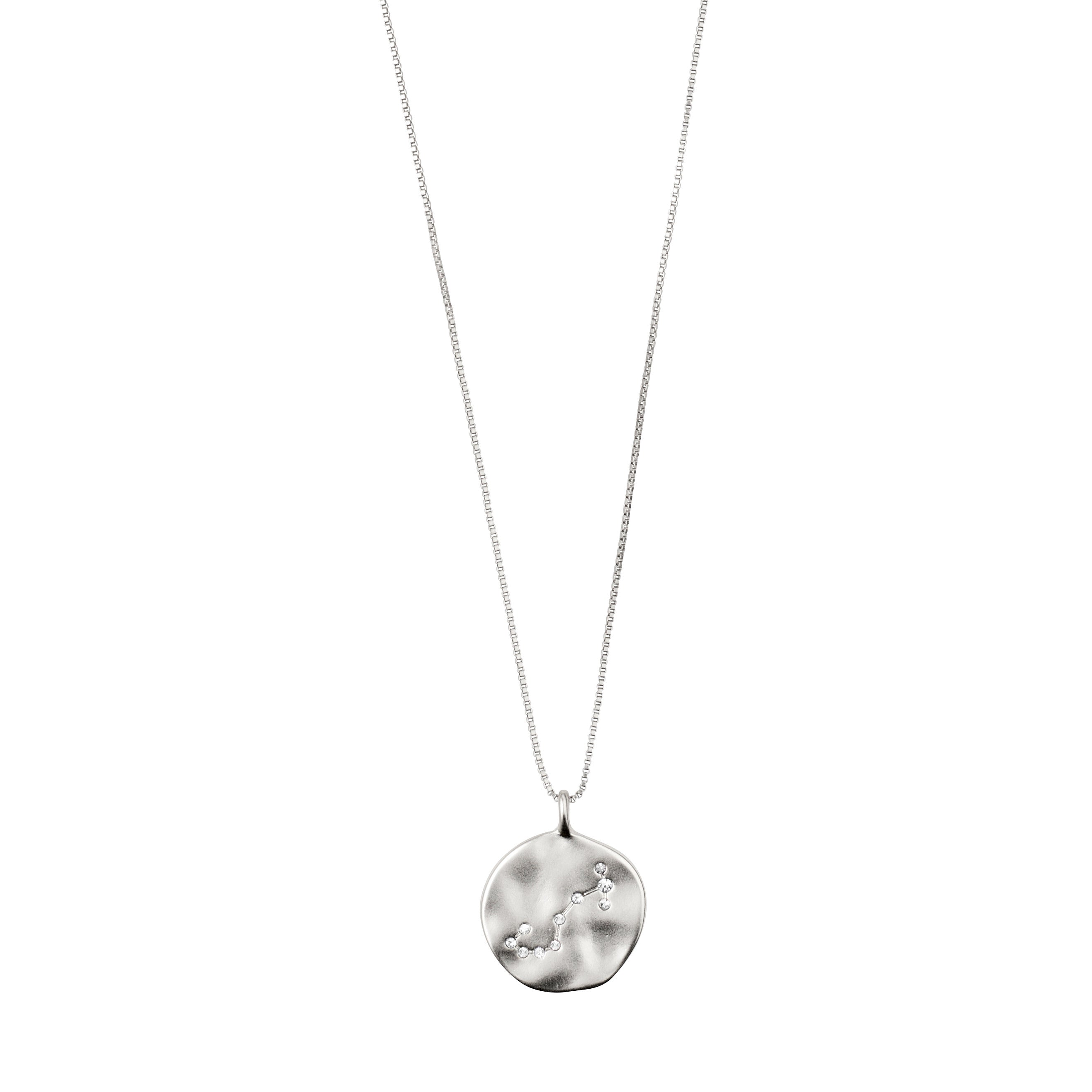 SCORPIO Zodiac Sign Coin Necklace, silver-plated, features a two-sided pendant with a zodiac motif and constellation in crystals on an adjustable chain.