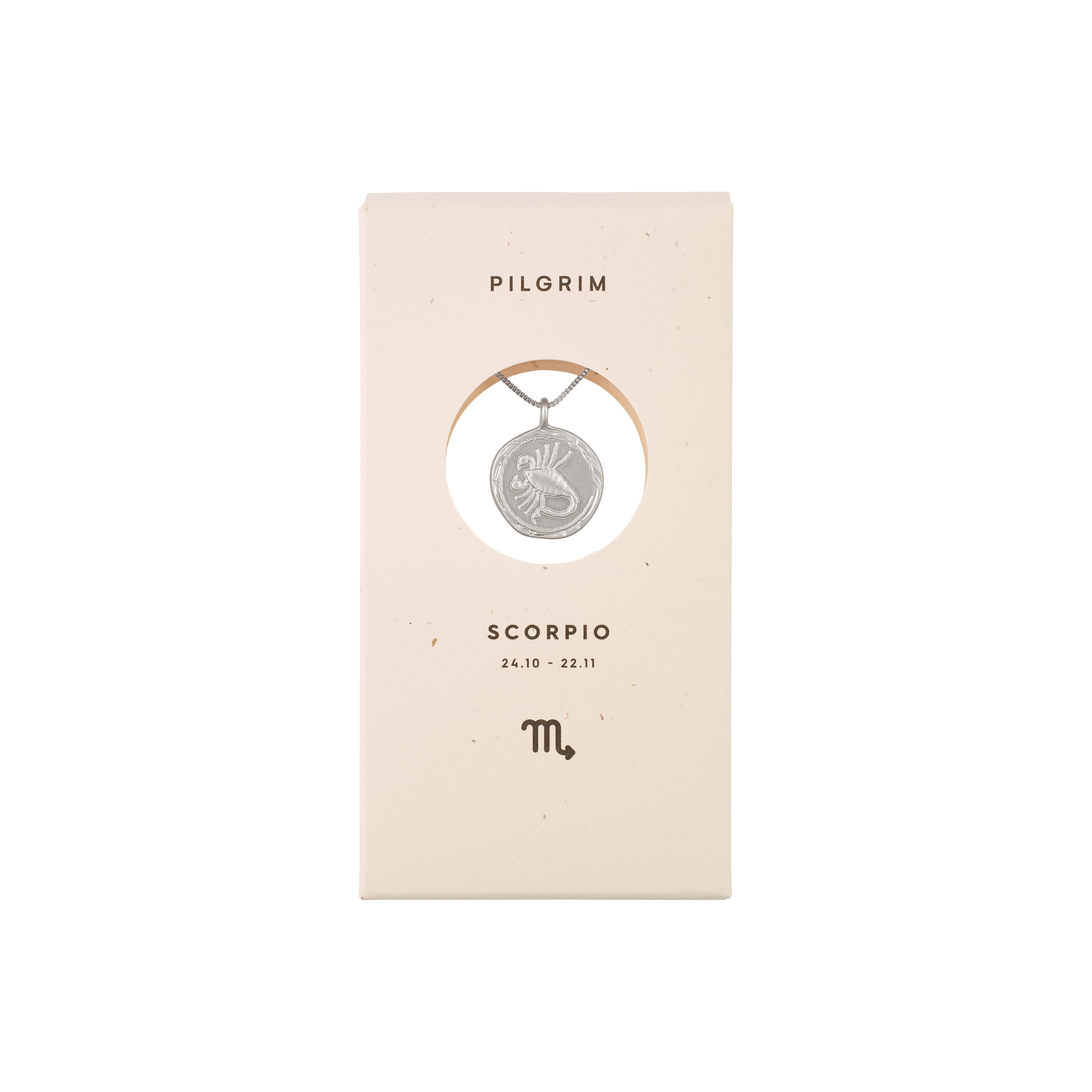 SCORPIO Zodiac Sign Coin Necklace, silver-plated, featuring a double-sided pendant with zodiac and constellation motifs, in a presentation box. Ideal for meaningful gifts.