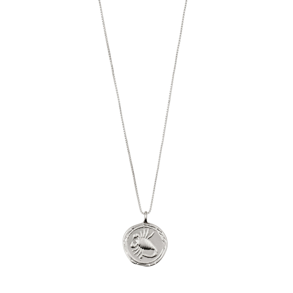 SCORPIO Zodiac Sign Coin Necklace, silver-plated, featuring a double-sided pendant with a scorpion motif and crystal constellation, on an adjustable chain.