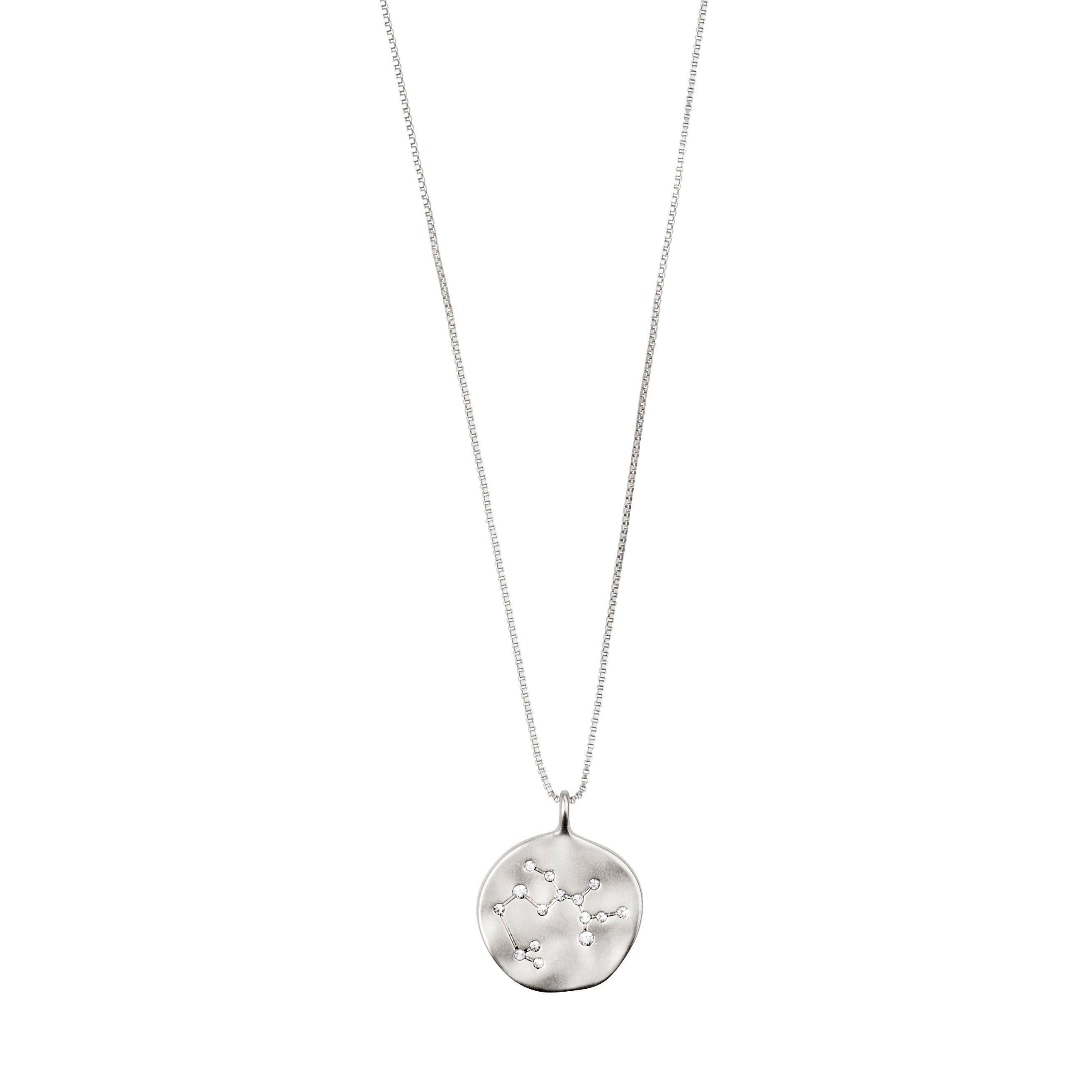 SAGITTARIUS recycl. Zodiac Sign Coin Necklace, silver-plated, featuring a double-sided pendant with a zodiac motif and crystal-embellished constellation, on an adjustable chain.