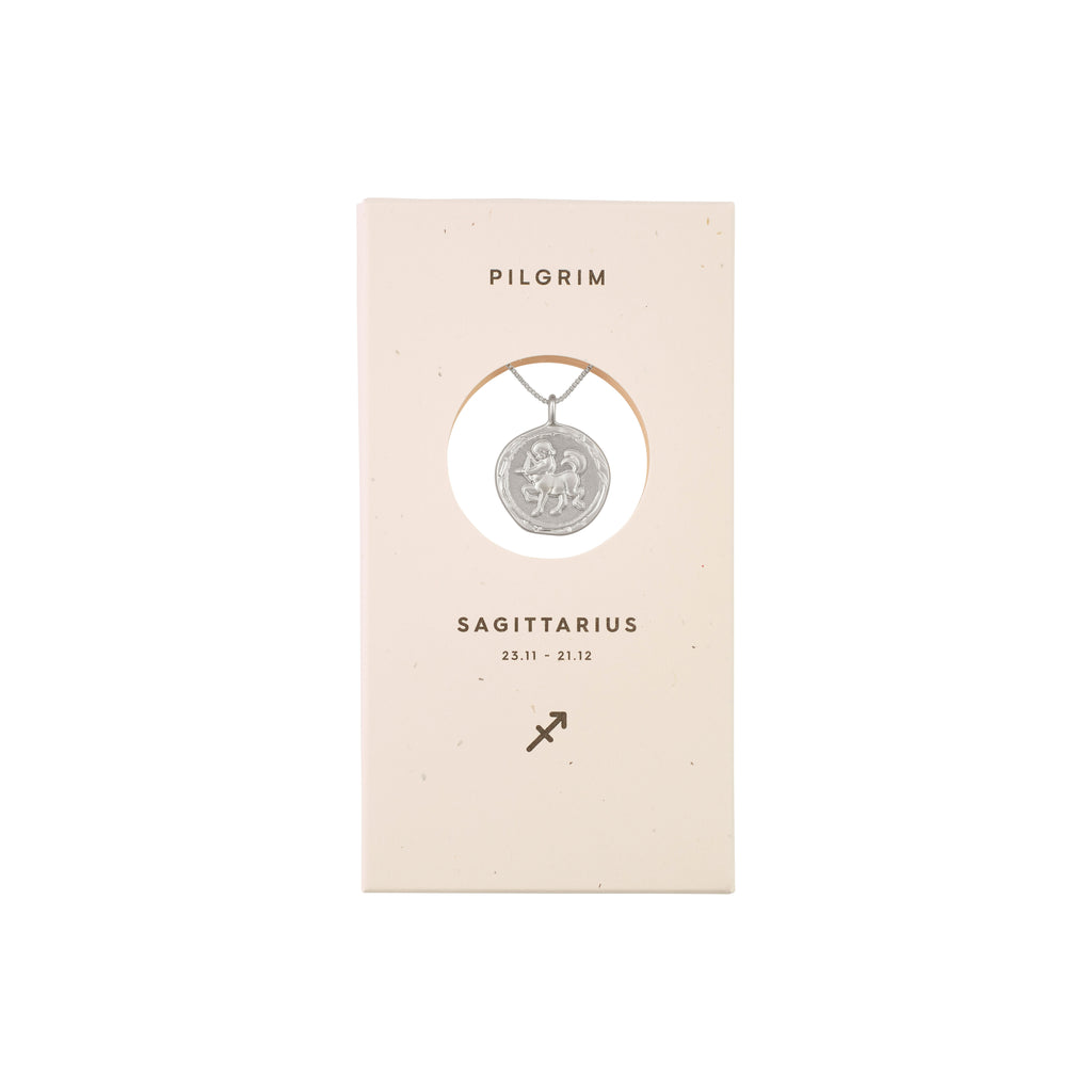 SAGITTARIUS recycl. Zodiac Sign Coin Necklace, silver-plated, featuring a double-sided medallion with a horse motif and constellation design, nestled in a presentation box.