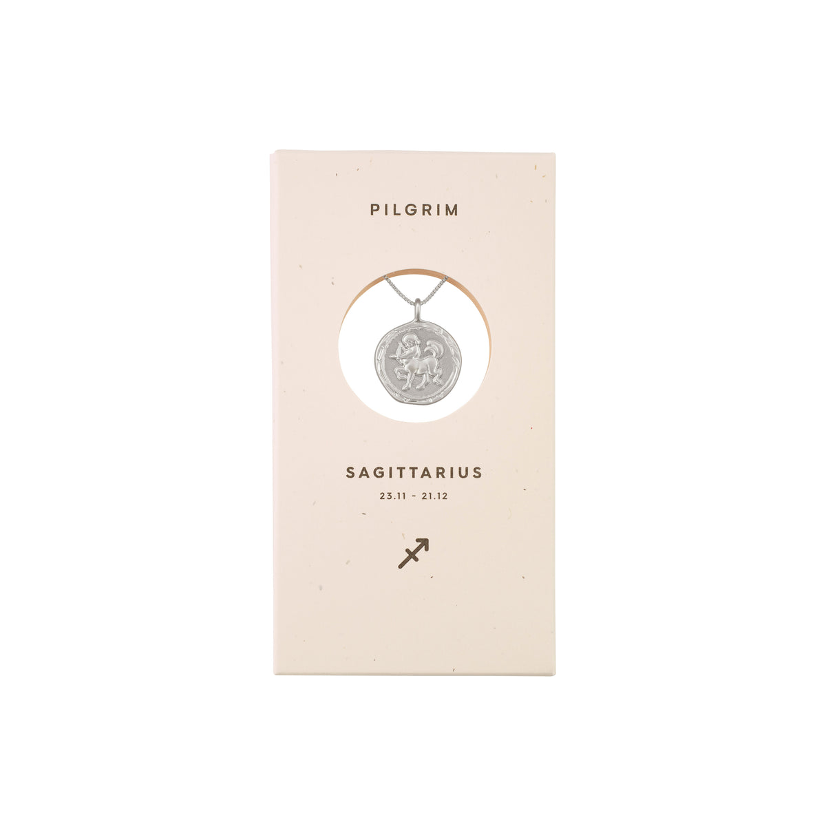 SAGITTARIUS recycl. Zodiac Sign Coin Necklace, silver-plated, featuring a double-sided medallion with a horse motif and constellation design, nestled in a presentation box.