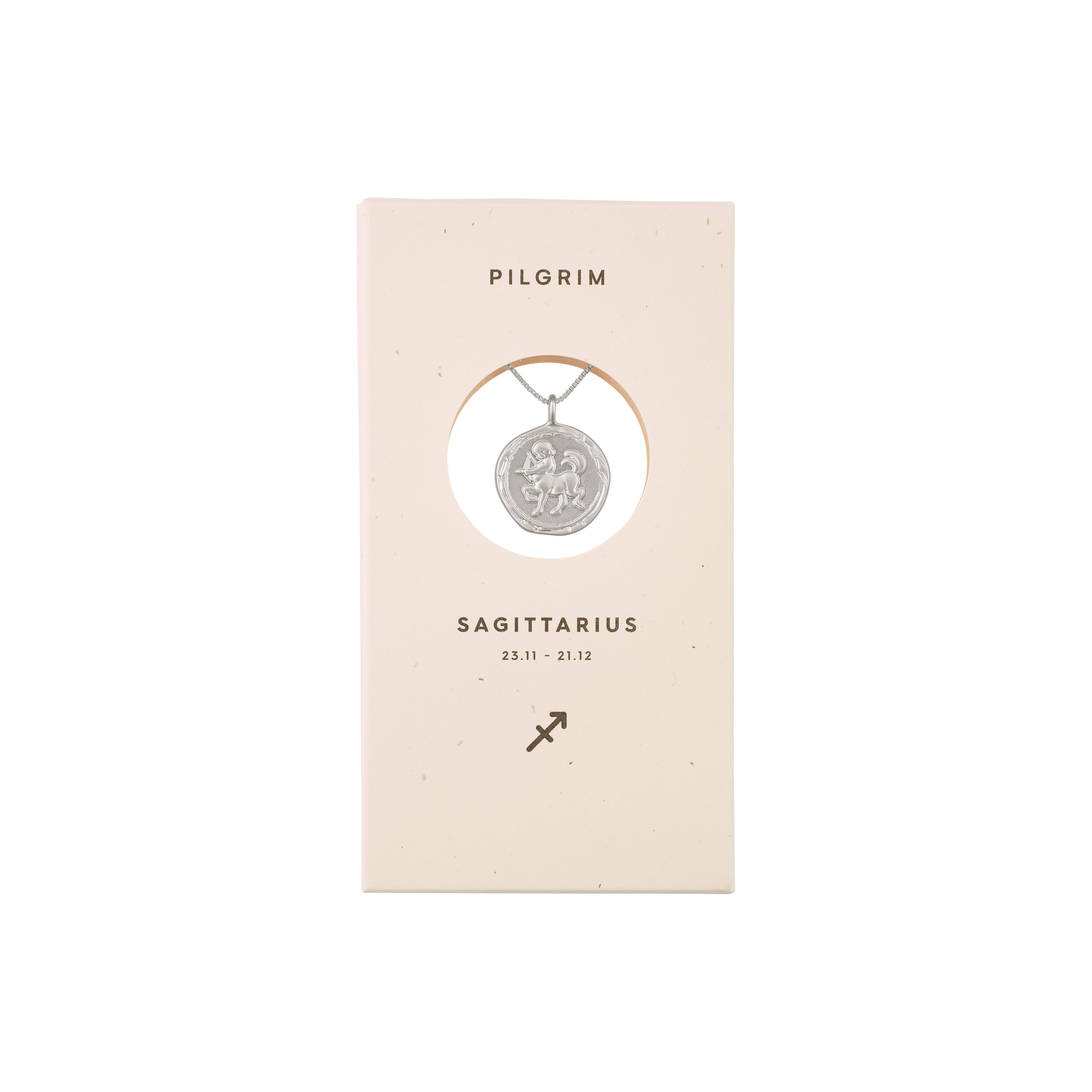SAGITTARIUS recycl. Zodiac Sign Coin Necklace, silver-plated, featuring a double-sided medallion with a horse motif and constellation design, nestled in a presentation box.