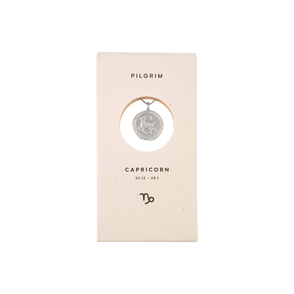 CAPRICORNUS recycl. Zodiac Sign Coin Necklace, silver-plated, features a double-sided pendant with Capricorn motif and constellation in crystals, adjustable chain included.