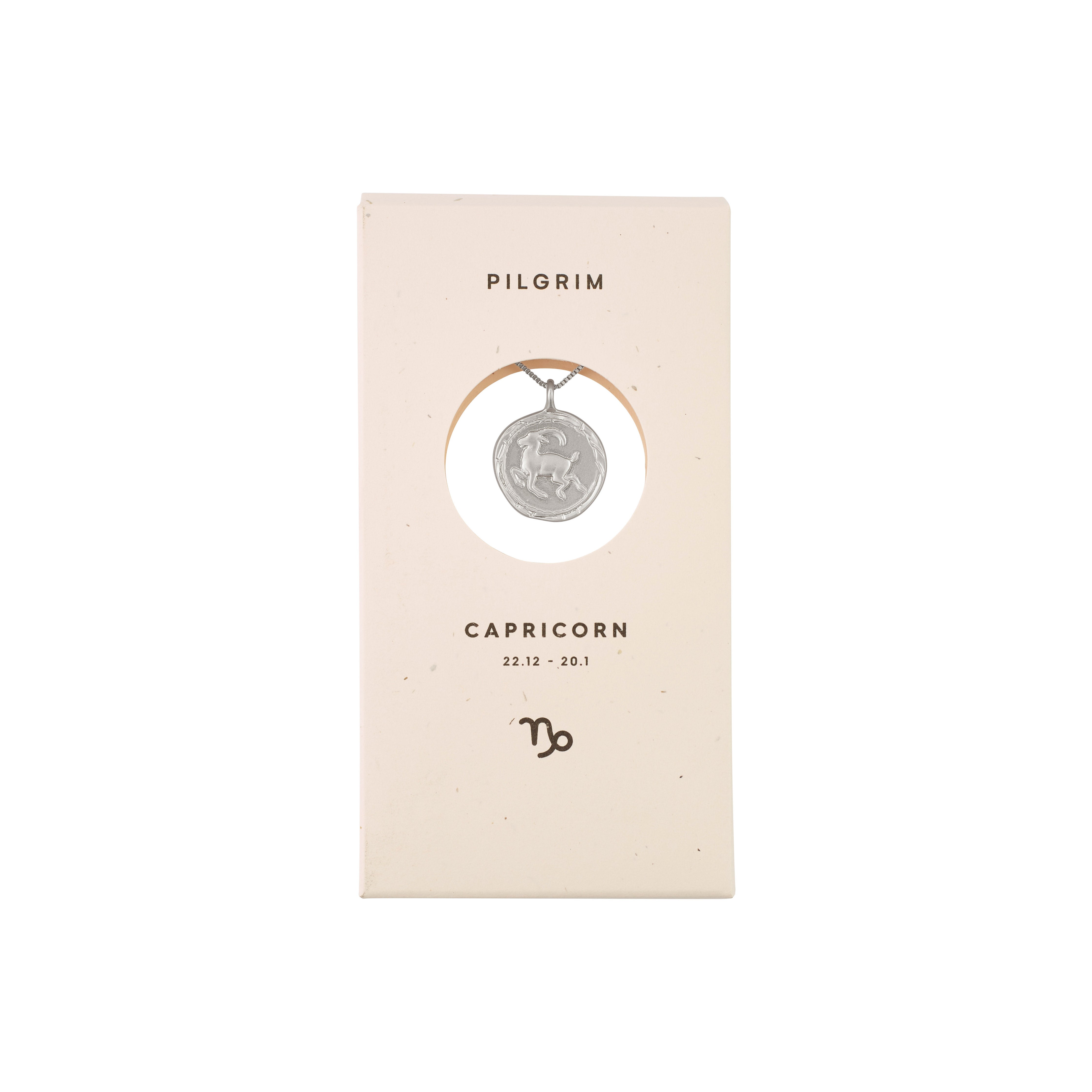 CAPRICORNUS recycl. Zodiac Sign Coin Necklace, silver-plated, features a double-sided pendant with Capricorn motif and constellation in crystals, adjustable chain included.