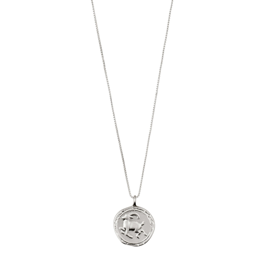CAPRICORNUS recycl. Zodiac Sign Coin Necklace, silver-plated, featuring a double-sided medallion with Capricorn motifs and crystal-studded constellation on an adjustable chain.