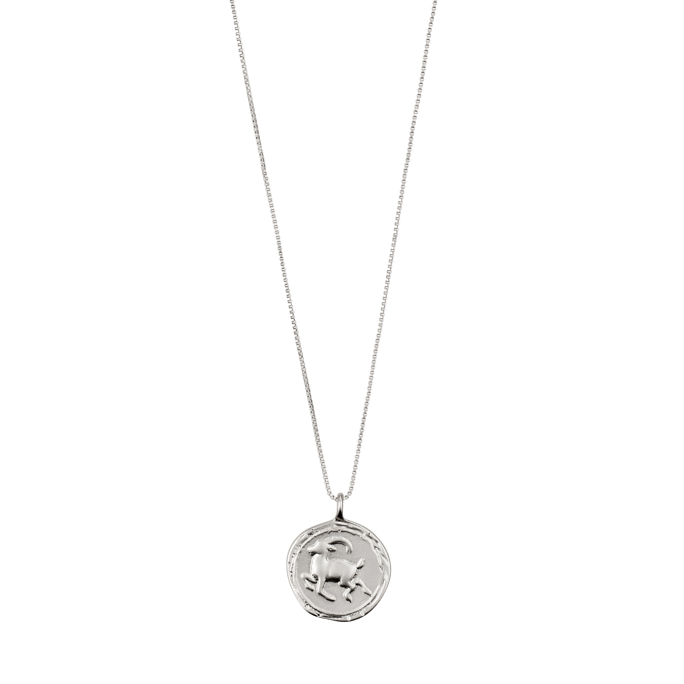 CAPRICORNUS recycl. Zodiac Sign Coin Necklace, silver-plated, featuring a double-sided medallion with Capricorn motifs and crystal-studded constellation on an adjustable chain.