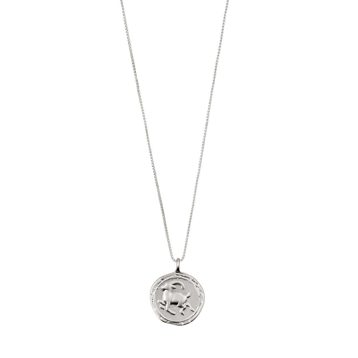 CAPRICORNUS recycl. Zodiac Sign Coin Necklace, silver-plated, featuring a double-sided medallion with Capricorn motifs and crystal-studded constellation on an adjustable chain.
