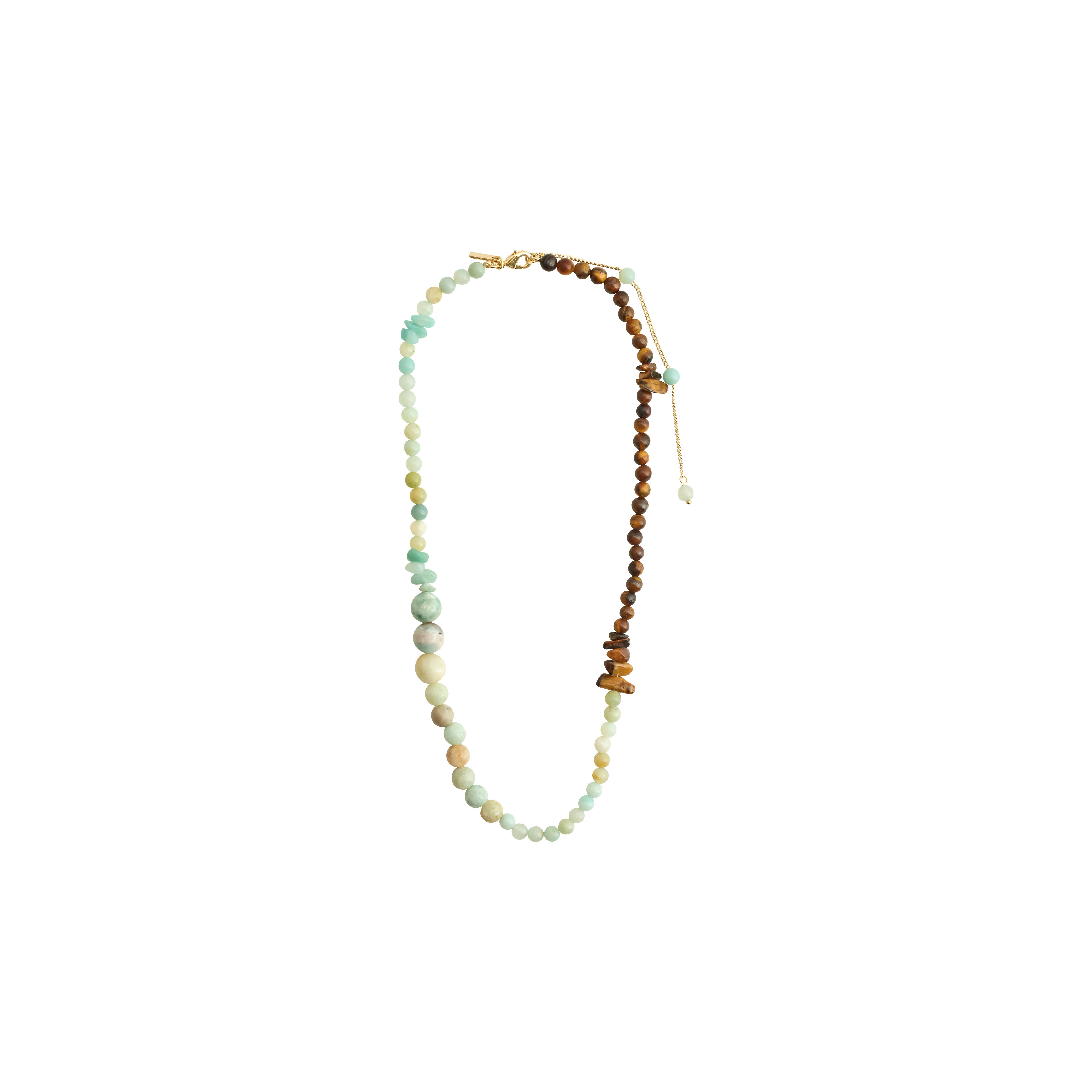 SOULMATES necklace mint/gold-plated featuring amazonite and tiger eye beads in asymmetrical light blue, sand, and dark brown, offering a boho-inspired, confident style.