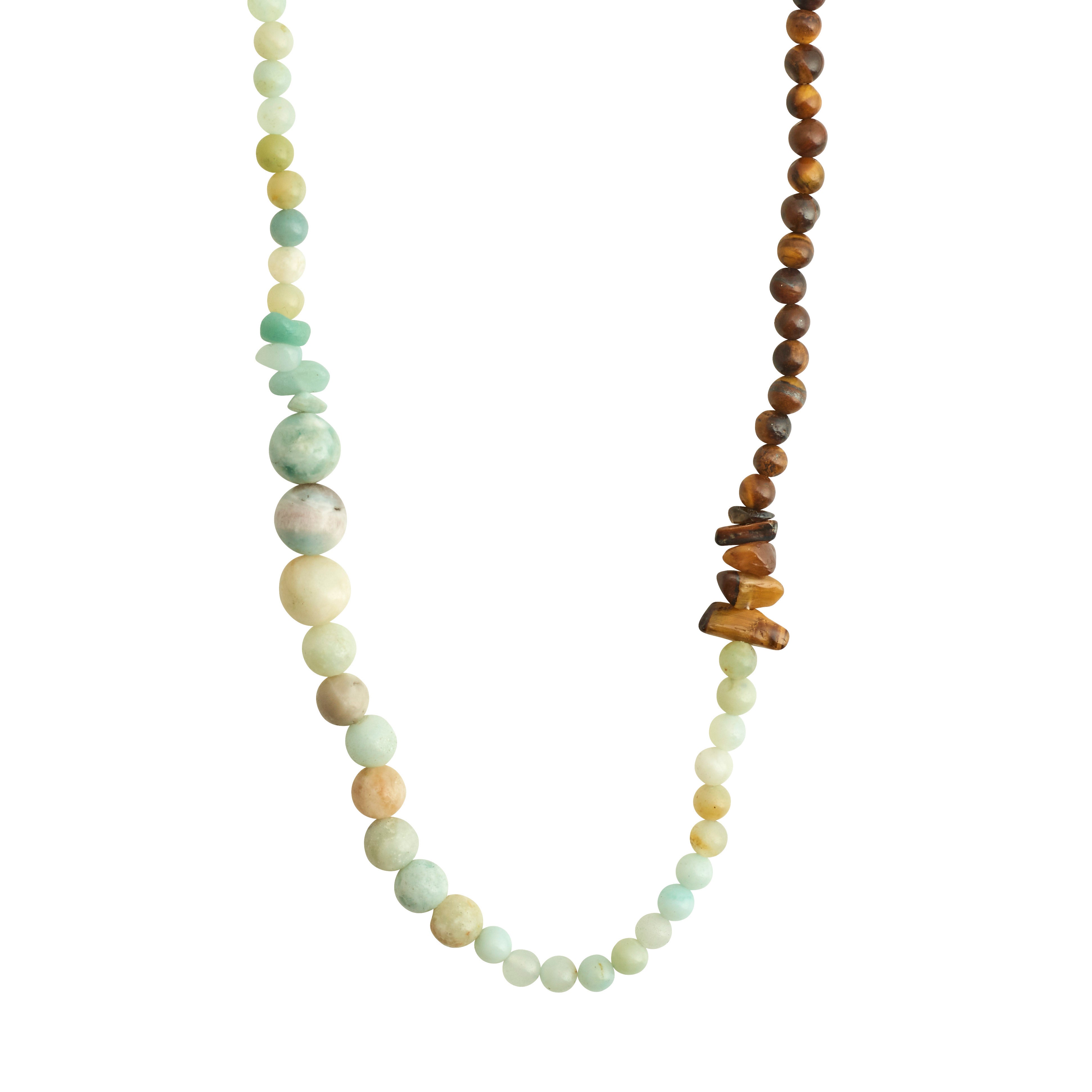SOULMATES necklace mint/gold-plated features asymmetrical light blue, sand, and dark brown semi-precious beads, ideal for a bold, bohemian style.