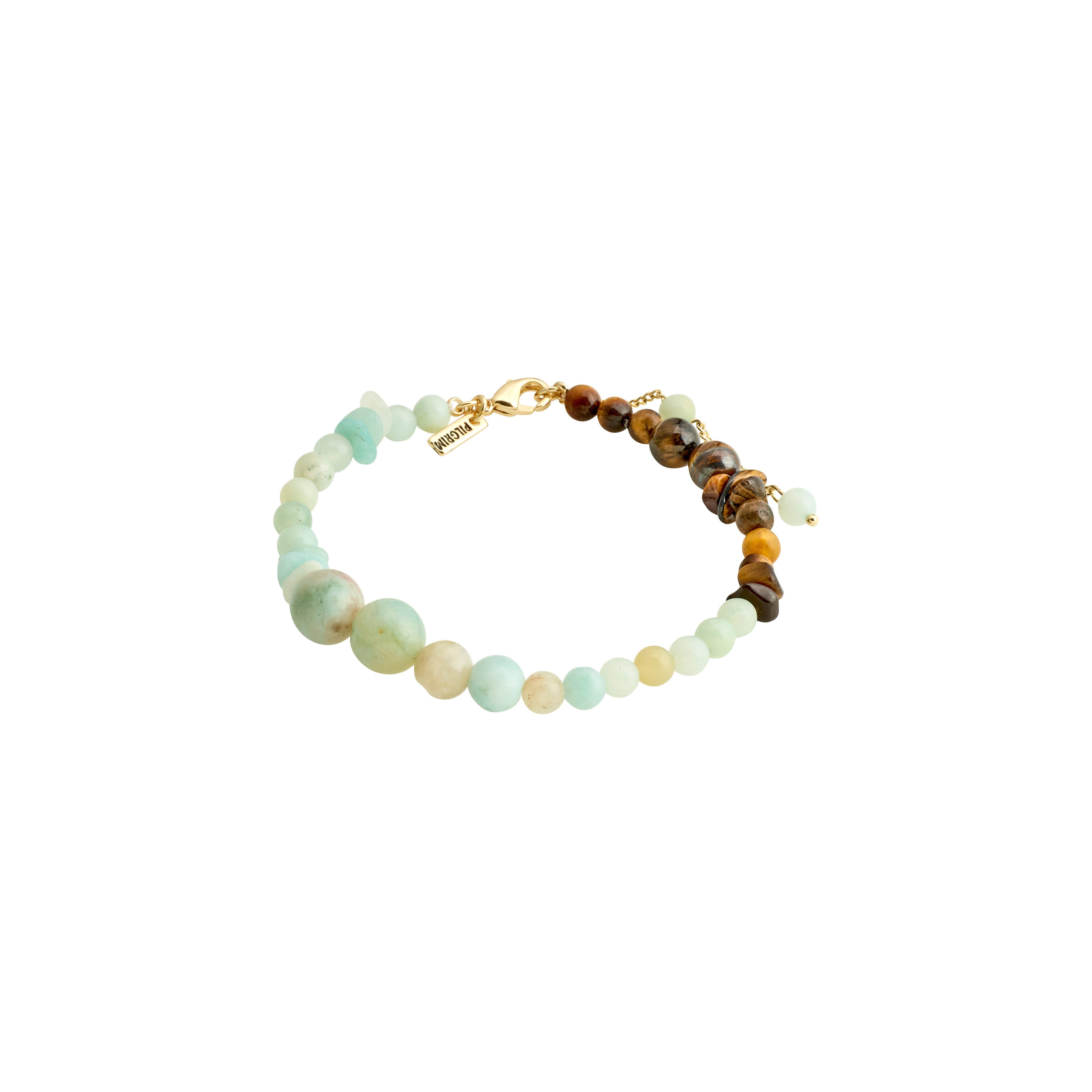 Close-up of the SOULMATES bracelet mint/gold-plated, showcasing amazonite and tiger eye stones with a gold clasp, highlighting courage and confidence.