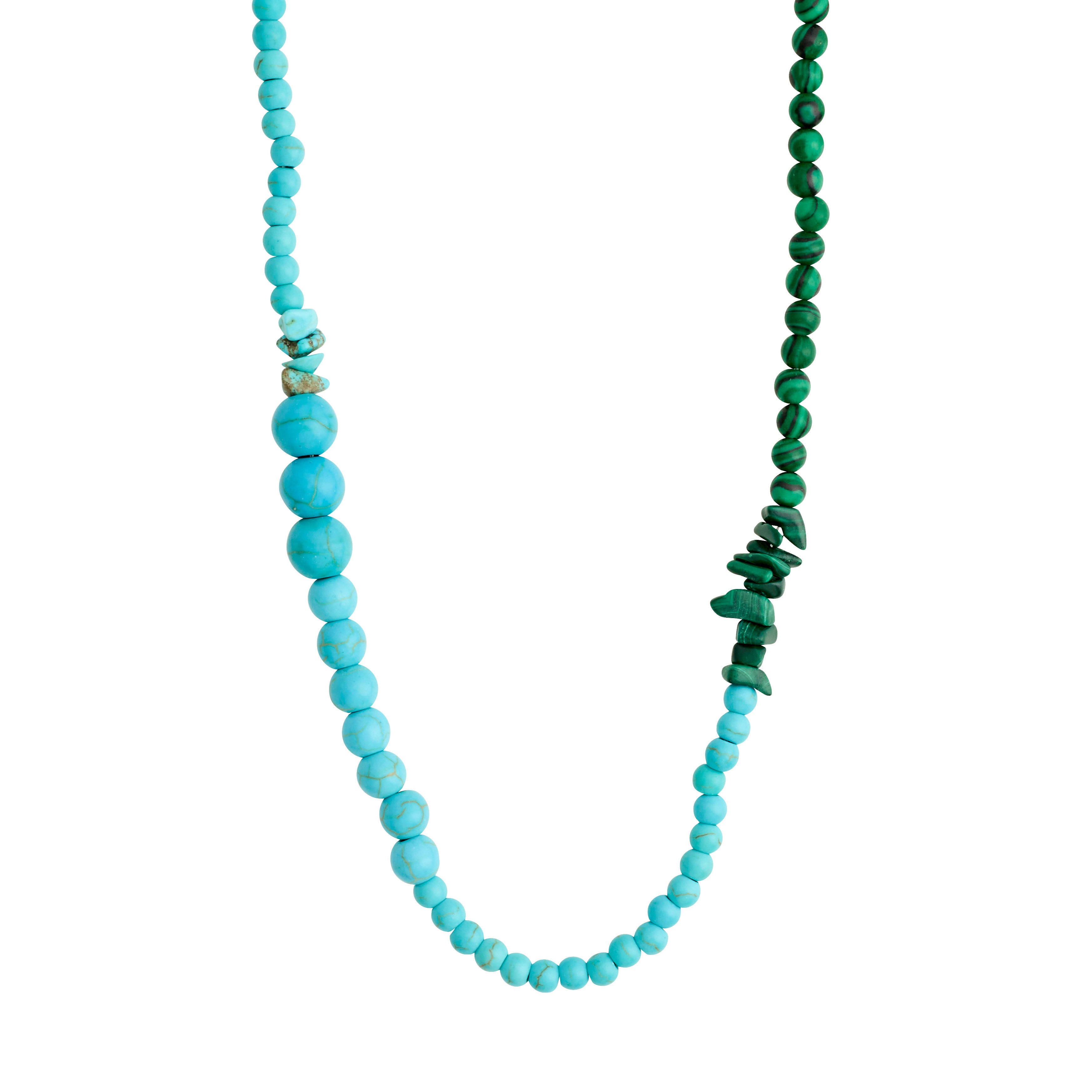 SOULMATES necklace in blue/gold-plated features genuine turquoise and malachite beads, creating an asymmetrical design symbolizing balance from Pilgrim's Soulmates collection.