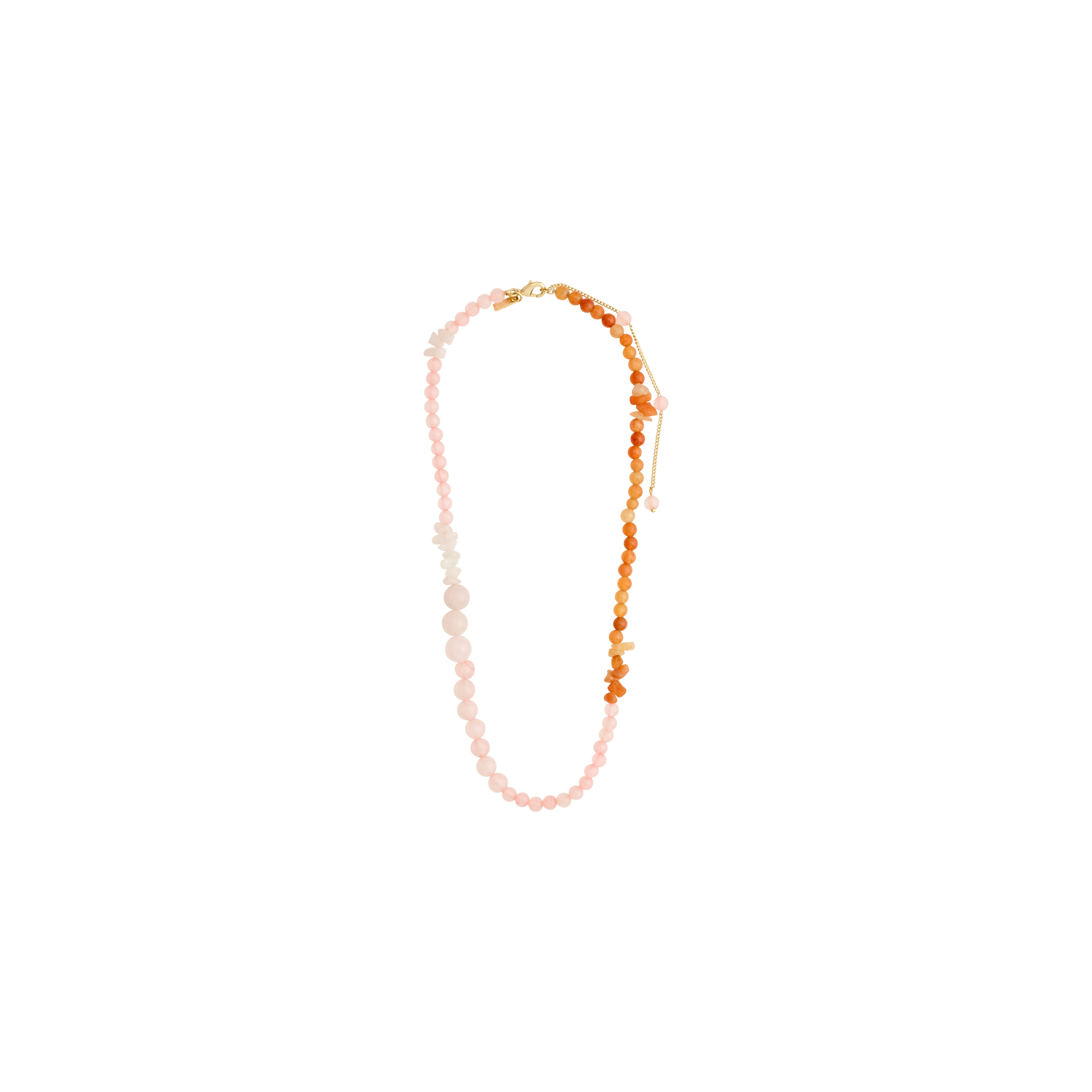 SOULMATES necklace rose/gold-plated with genuine rose quartz and red aventurine beads on a gold chain, showcasing love and strength themes.