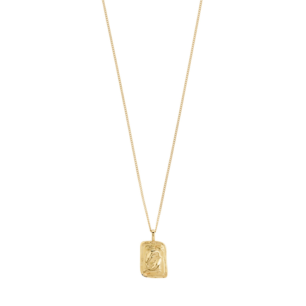 PISCES Zodiac Sign necklace, gold-plated, featuring a dual-design square coin pendant with Pisces motif and sparkling constellation, on a recycled, adjustable chain.