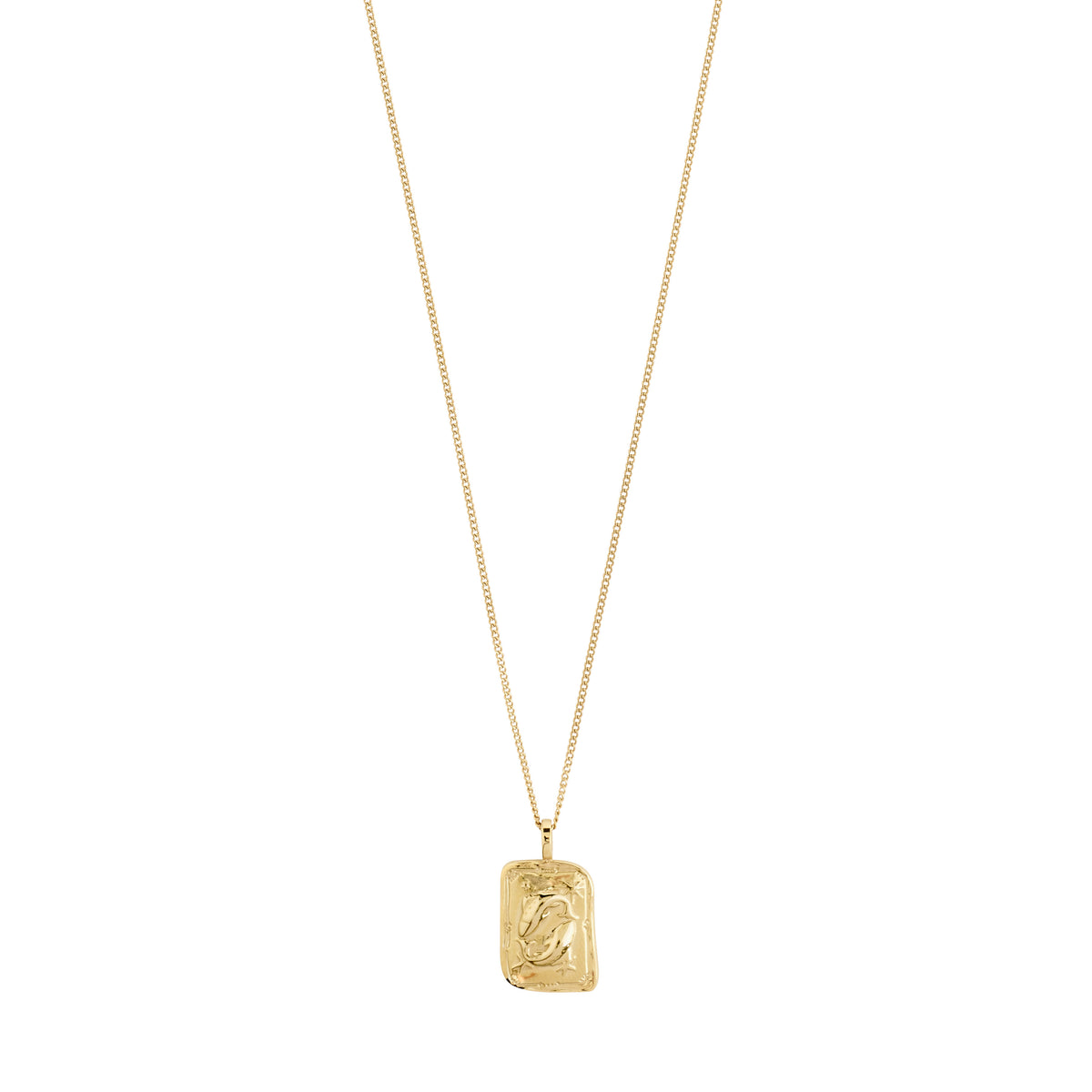 PISCES Zodiac Sign necklace, gold-plated, featuring a dual-design square coin pendant with Pisces motif and sparkling constellation, on a recycled, adjustable chain.