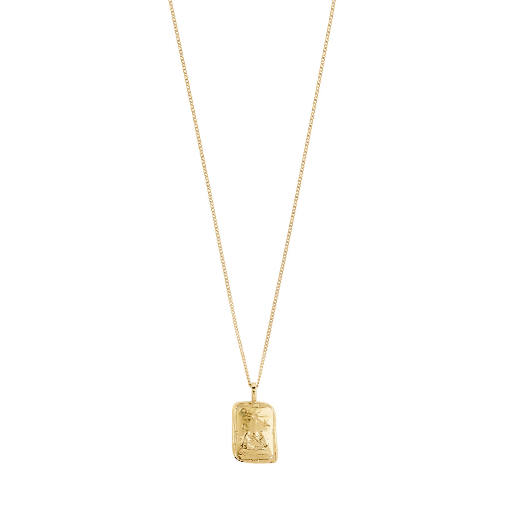 GEMINI Zodiac Sign necklace, gold-plated, featuring a dual-design square coin pendant with a rustic, handcrafted look. Flip for a zodiac motif or sparkling constellation.