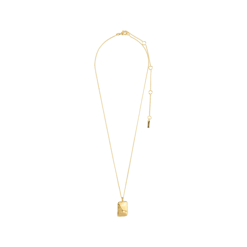 CANCER Zodiac Sign necklace, gold-plated, featuring a square pendant with dual design: Cancer motif and constellation with Preciosa crystals. Rustic, handcrafted look.