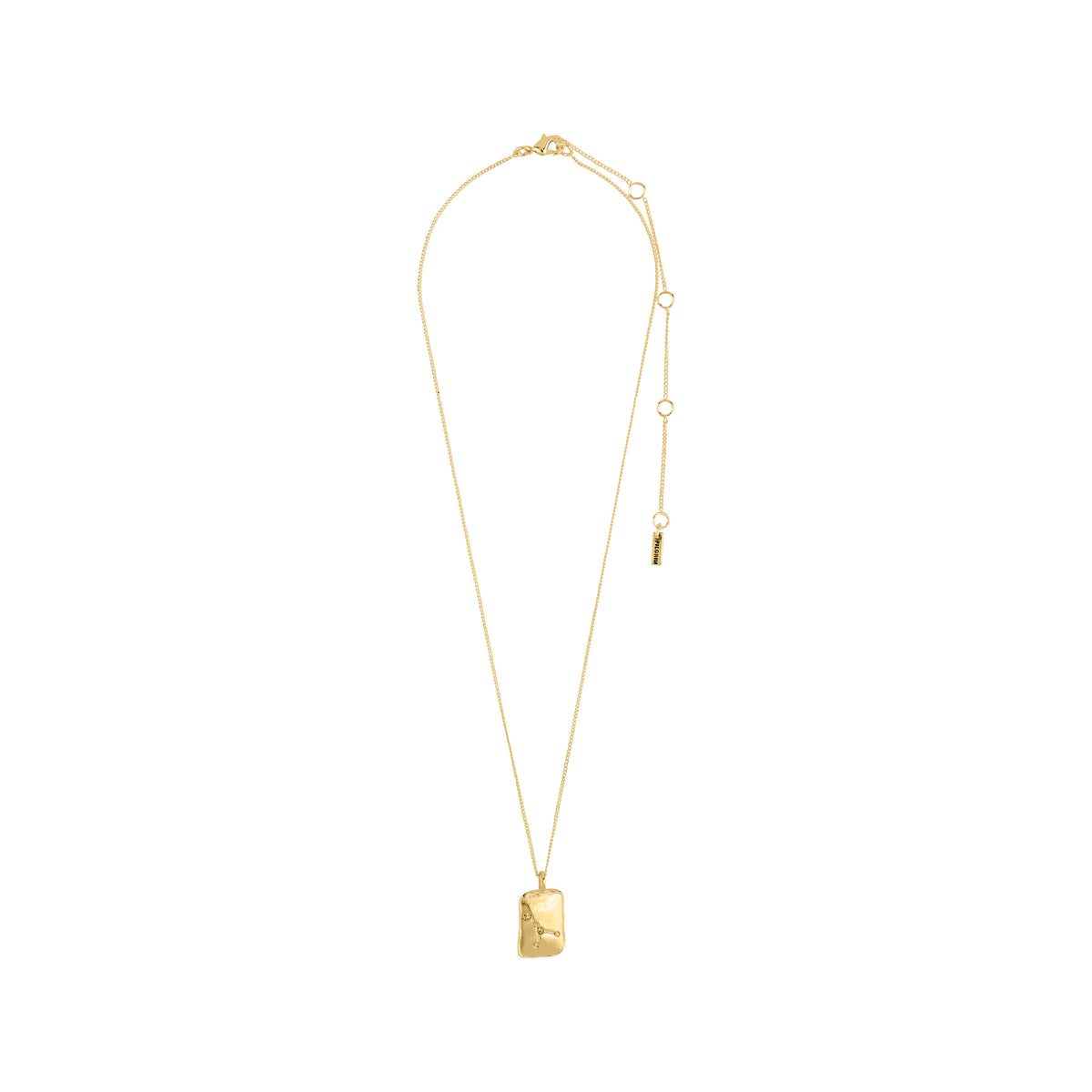 CANCER Zodiac Sign necklace, gold-plated, featuring a square pendant with dual design: Cancer motif and constellation with Preciosa crystals. Rustic, handcrafted look.