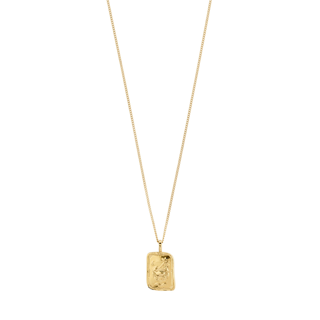 CANCER Zodiac Sign necklace, gold-plated, featuring a rectangular pendant with a classic Cancer motif and sparkling constellation, on a 40 cm chain plus extension.