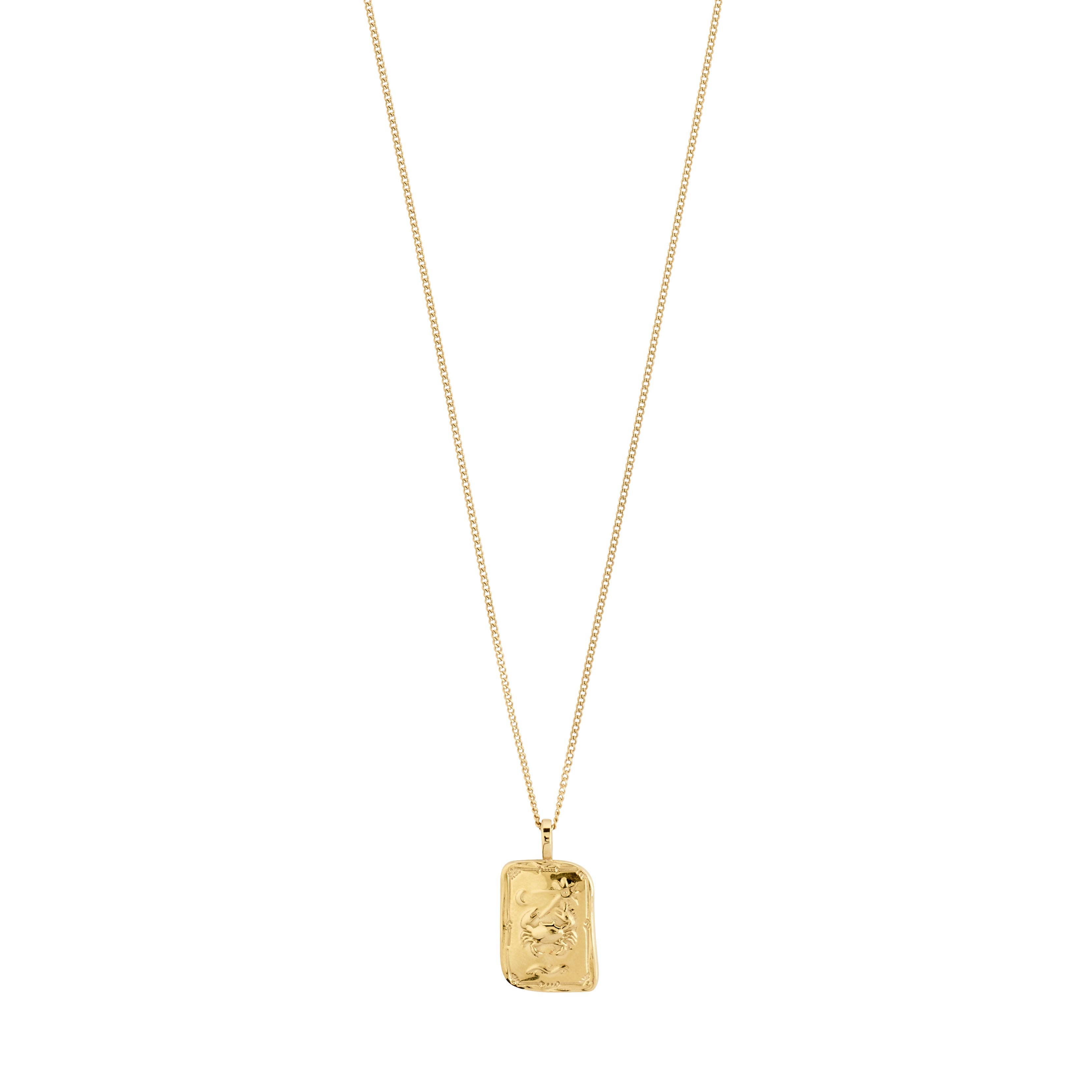 CANCER Zodiac Sign necklace, gold-plated, featuring a rectangular pendant with a classic Cancer motif and sparkling constellation, on a 40 cm chain plus extension.