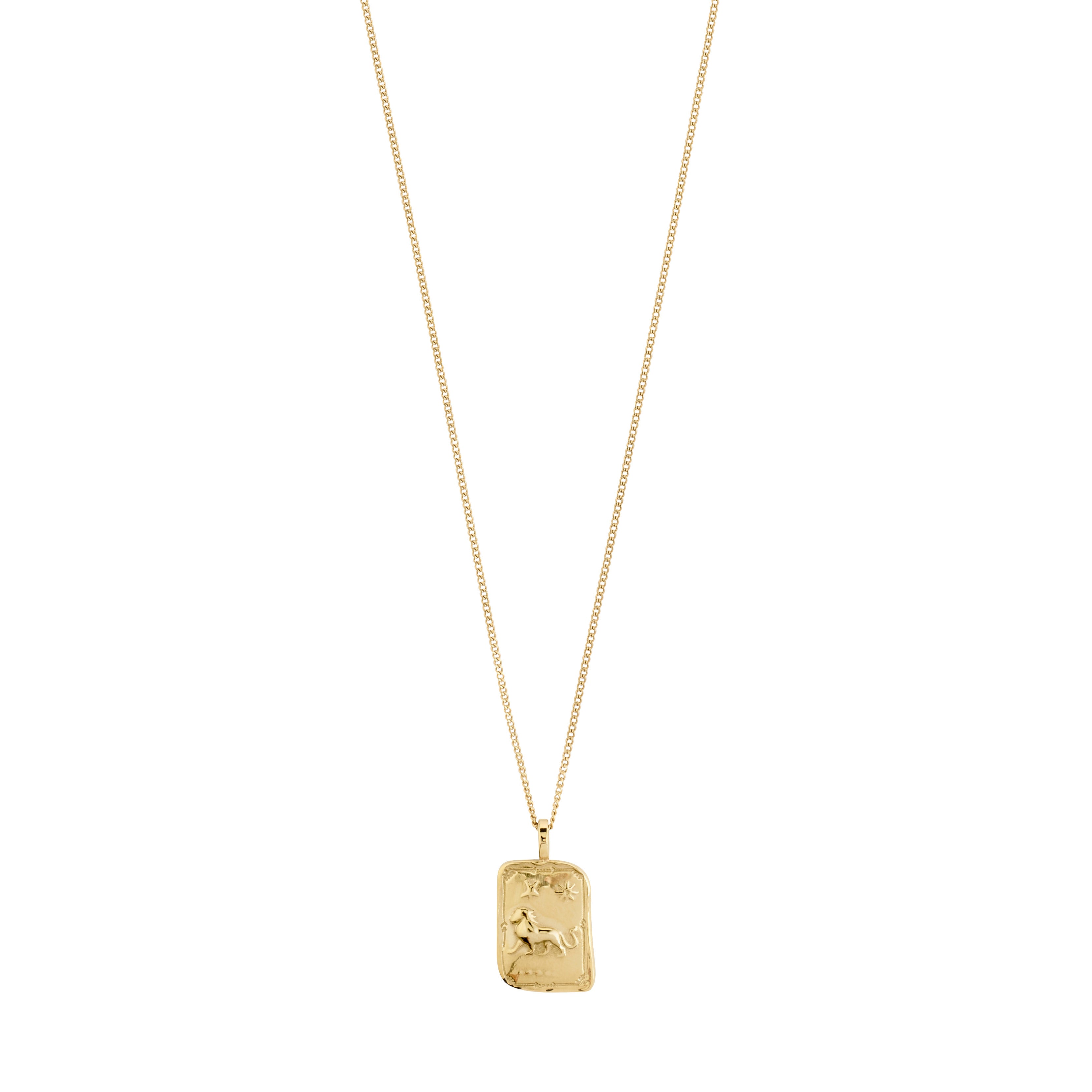 LEO Zodiac Sign necklace, gold-plated, featuring a square coin pendant with a reversible design: Leo motif and a constellation of Preciosa crystals.