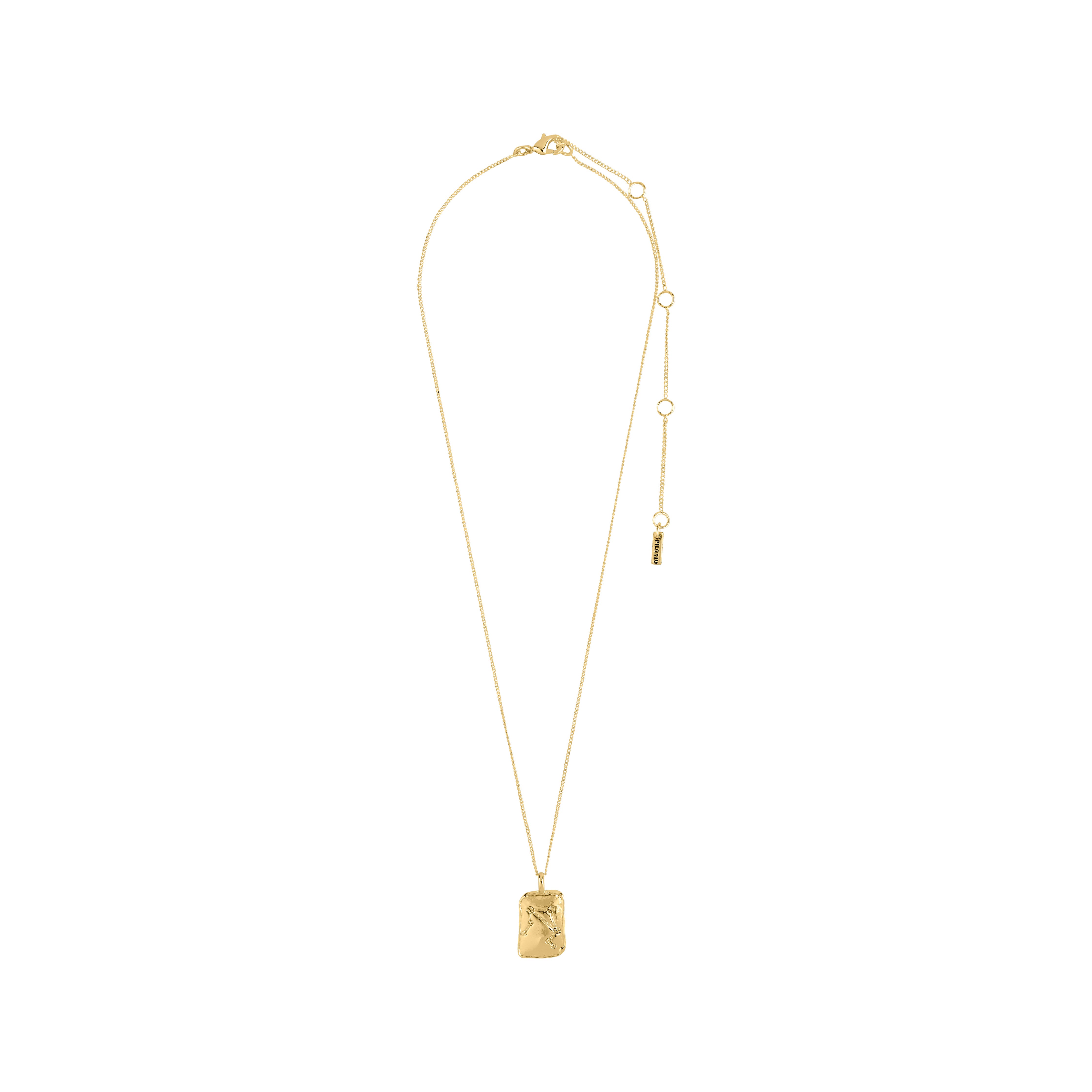 LIBRA Zodiac Sign necklace, gold-plated, featuring a dual-design square pendant with zodiac motif and sparkling constellation on a handcrafted chain.