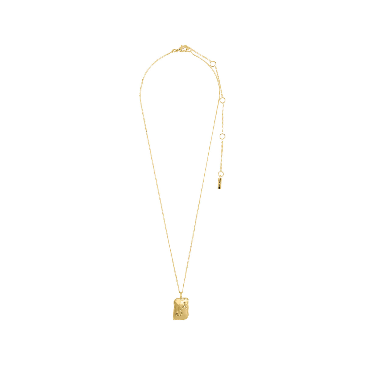 SCORPIO Zodiac Sign necklace, gold-plated, featuring a reversible square coin pendant with zodiac and constellation designs, adorned with Preciosa crystals on a rustic handcrafted chain.